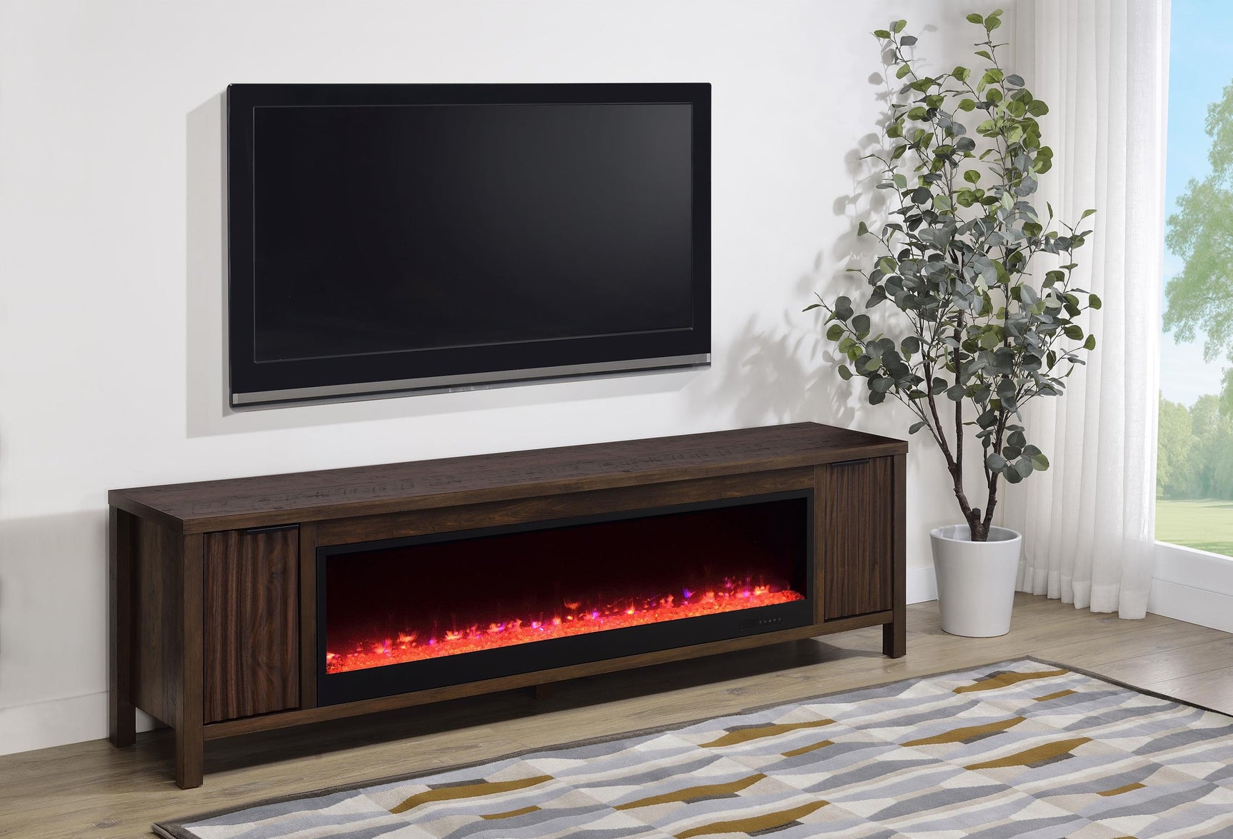 Close-up of the electric fireplace with tempered glass