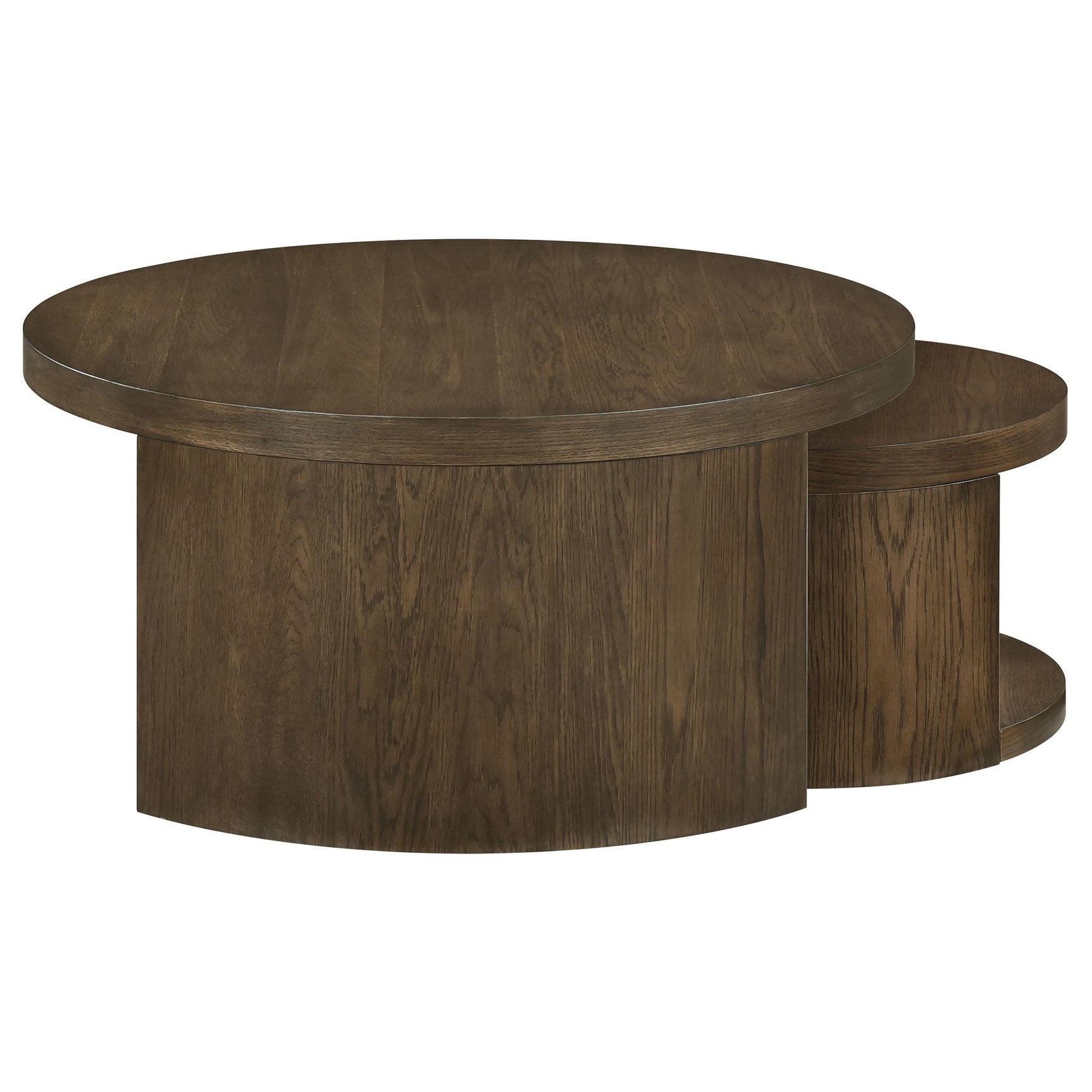 Top view of large round tabletop with walnut finish