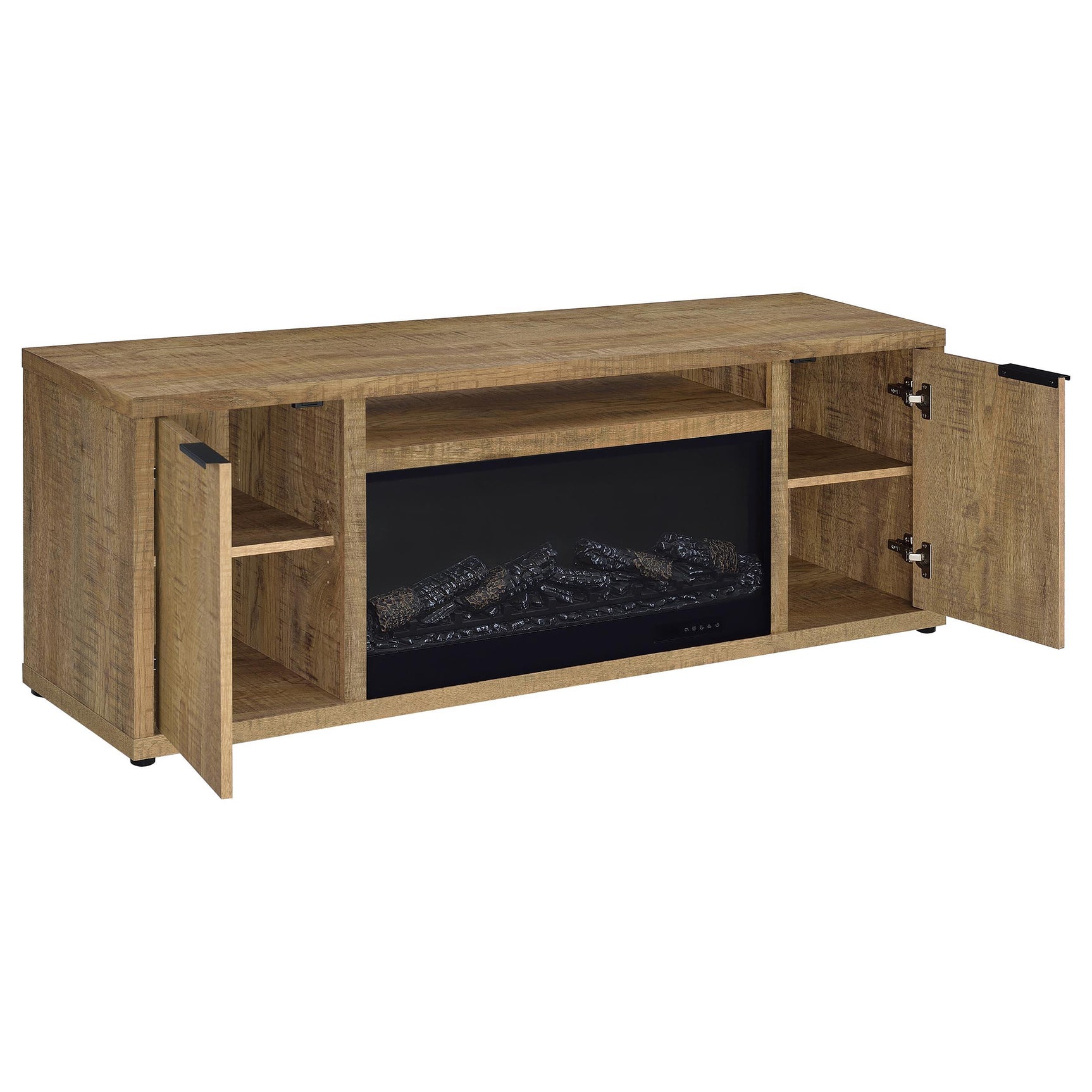 Fuller media console open cabinet showing adjustable shelves