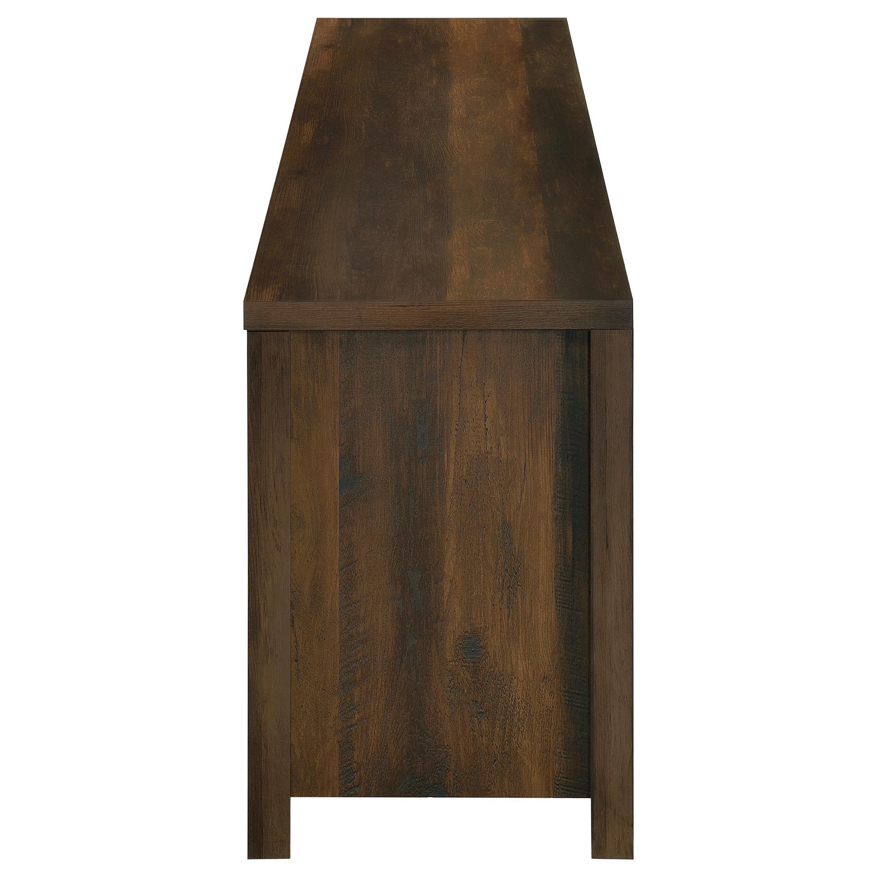 Close-up of dark pine wood finish and black metal hardware