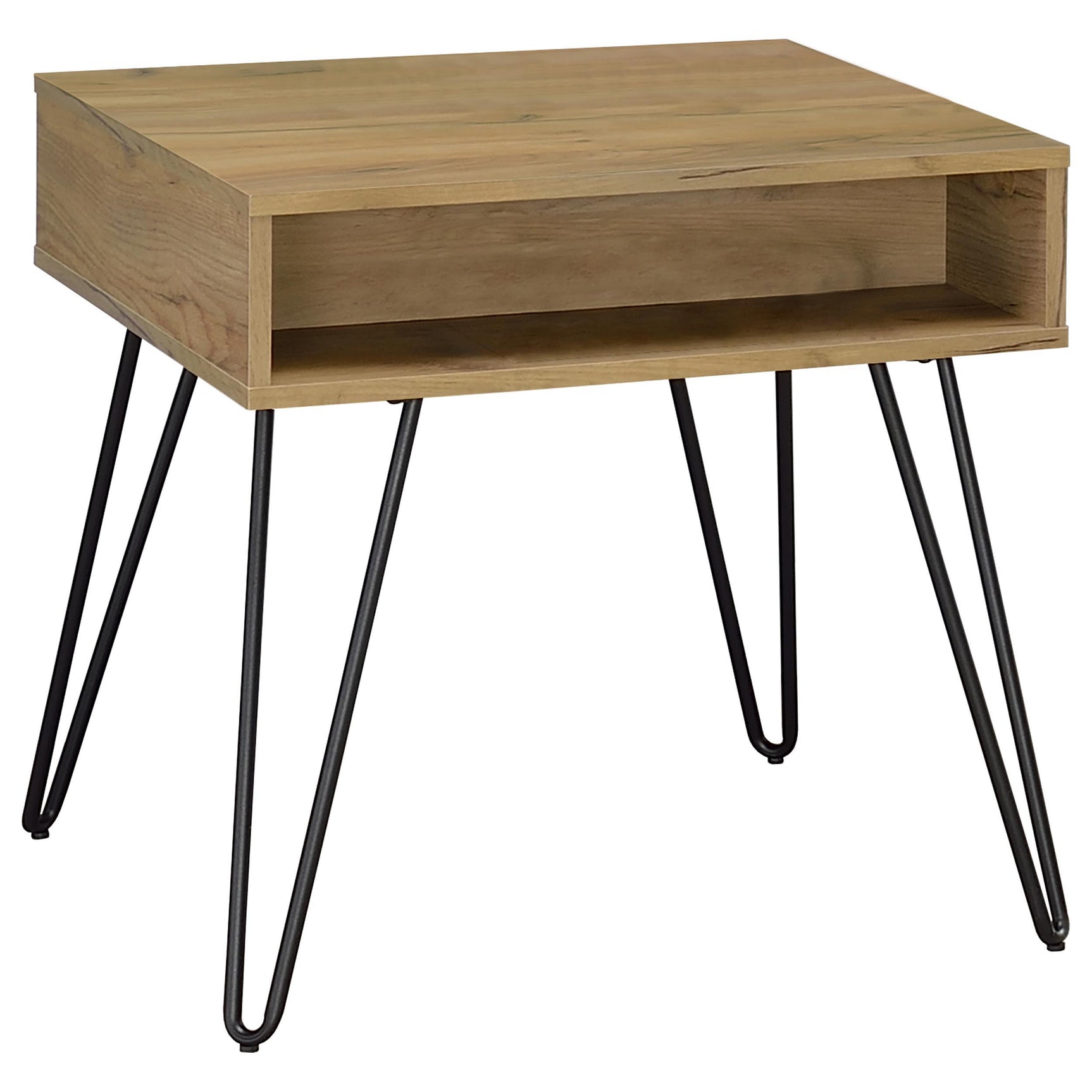 Close-up of black metal hairpin legs on coffee table