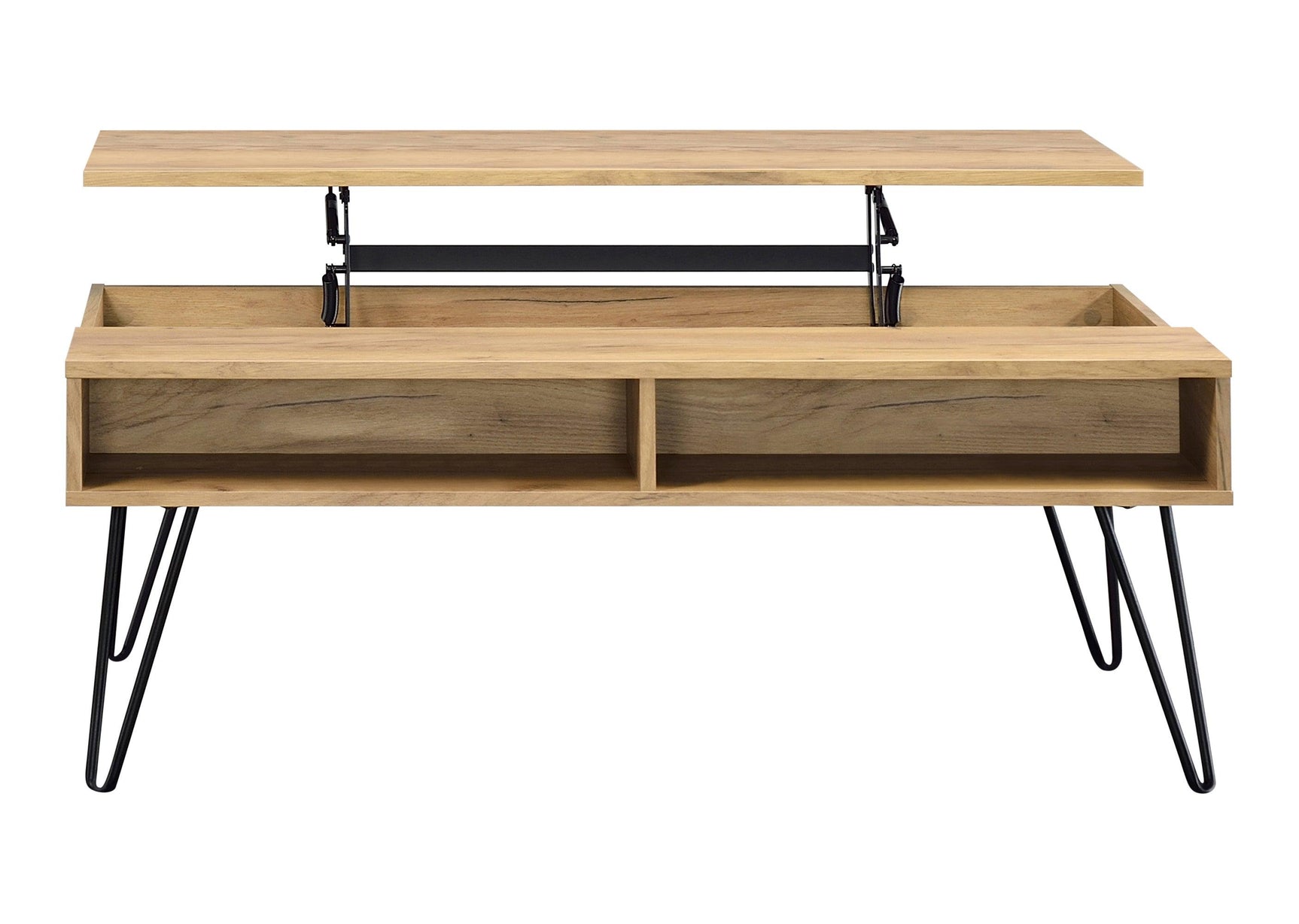 Close-up of Fanning Lift Top Storage Coffee Table lift mechanism and storage compartments
