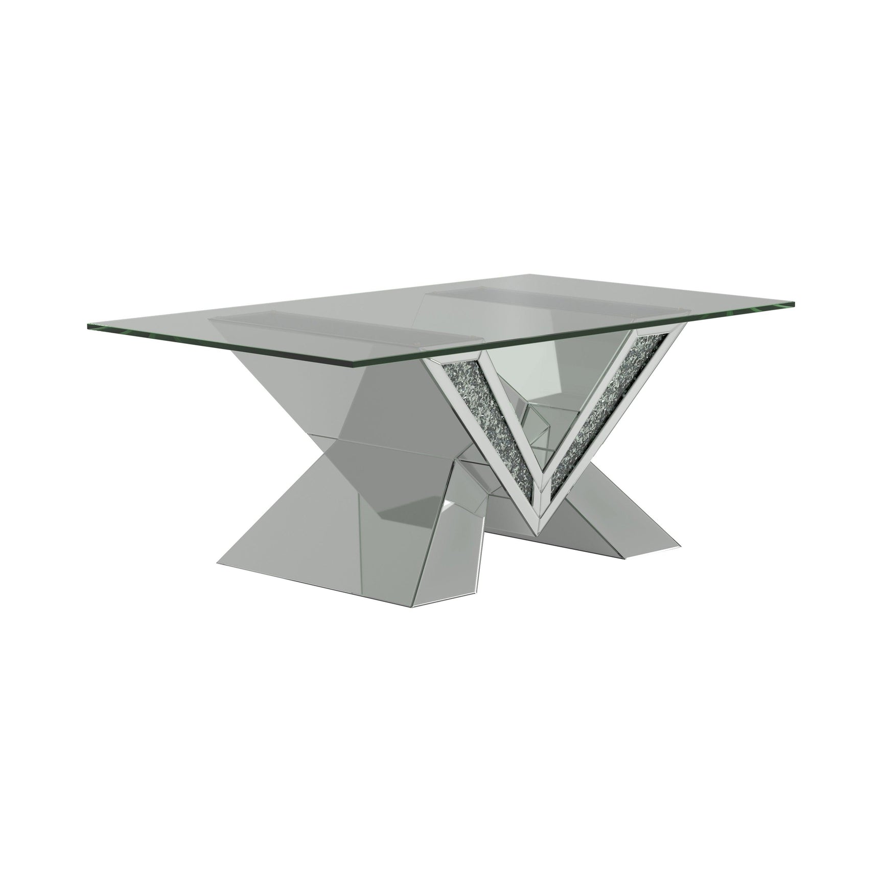 Taffeta V-shaped silver sofa table close-up of crystal details and tempered glass top