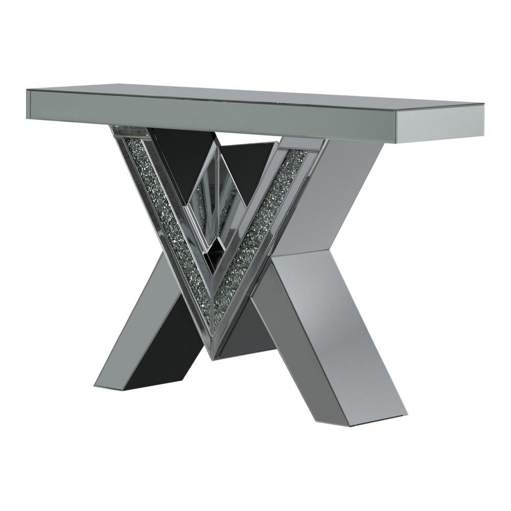 Taffeta V-shaped silver sofa table side angle showing glass top
