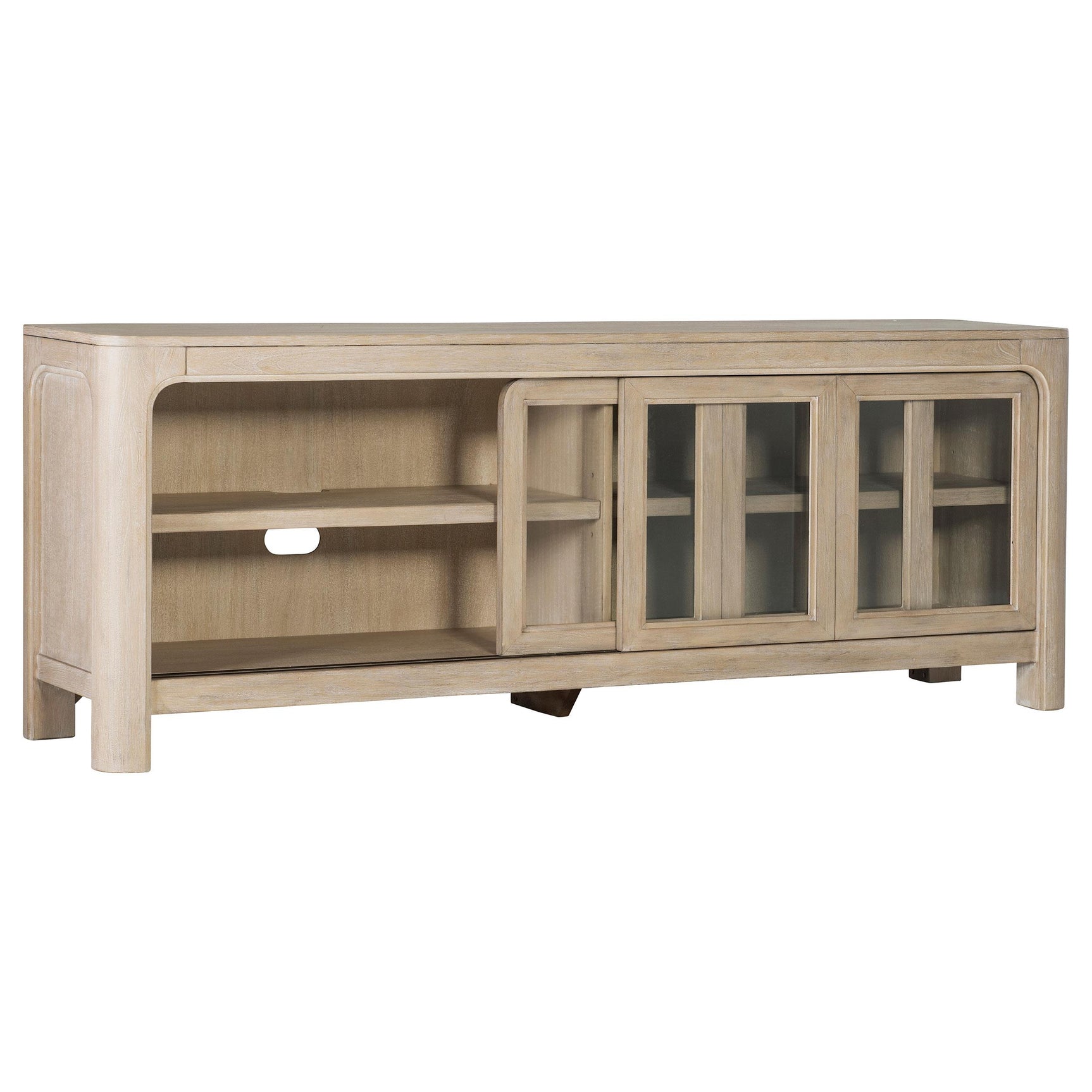 Side view of Solano 71-inch TV stand in weathered mango