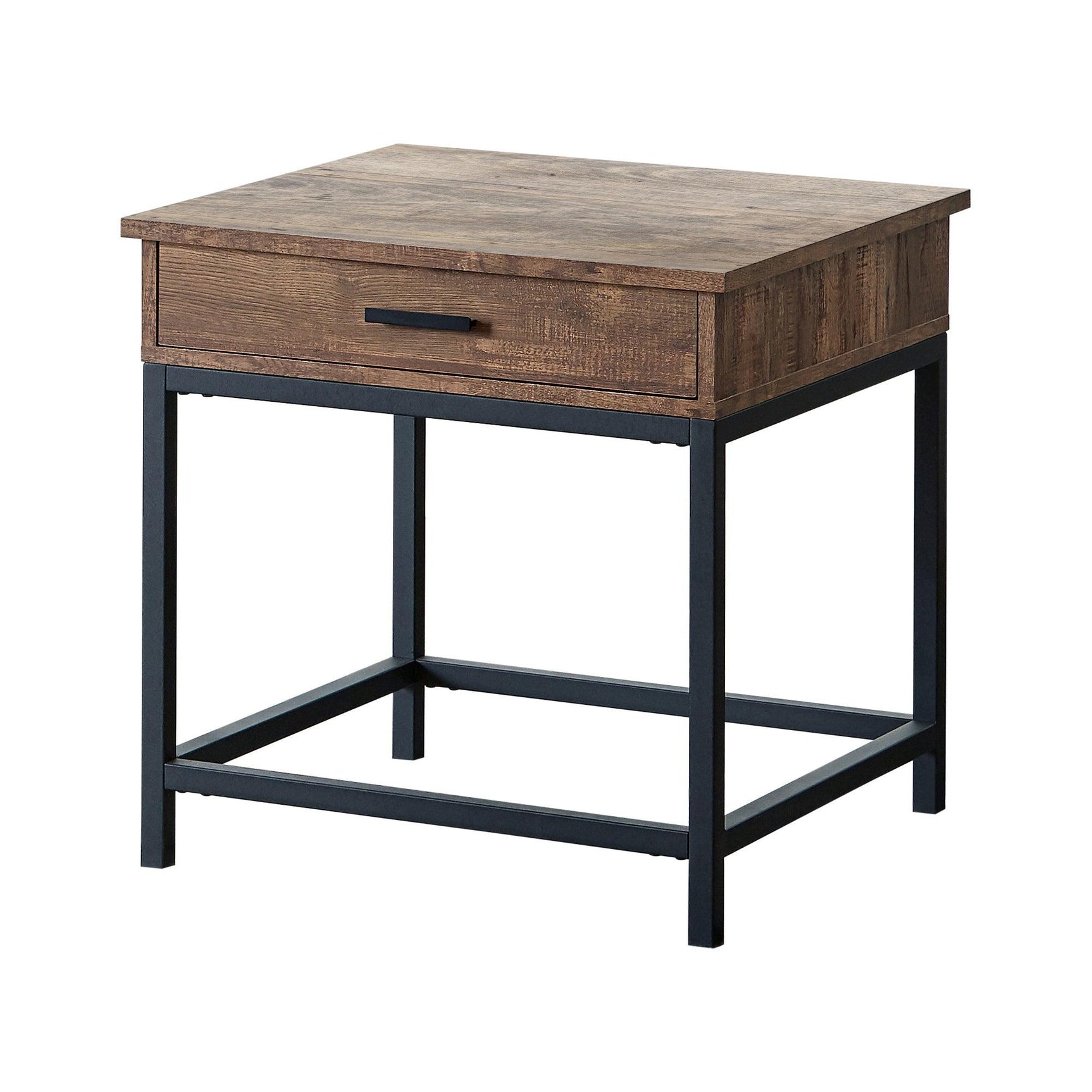 Side angle view of Byers Square 1-Drawer End Table in brown oak and sandy black metal