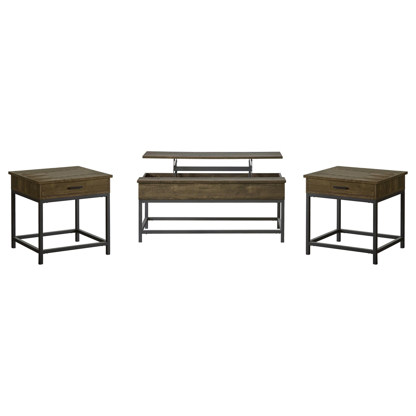 Lift-top coffee table showing raised top, brown oak finish