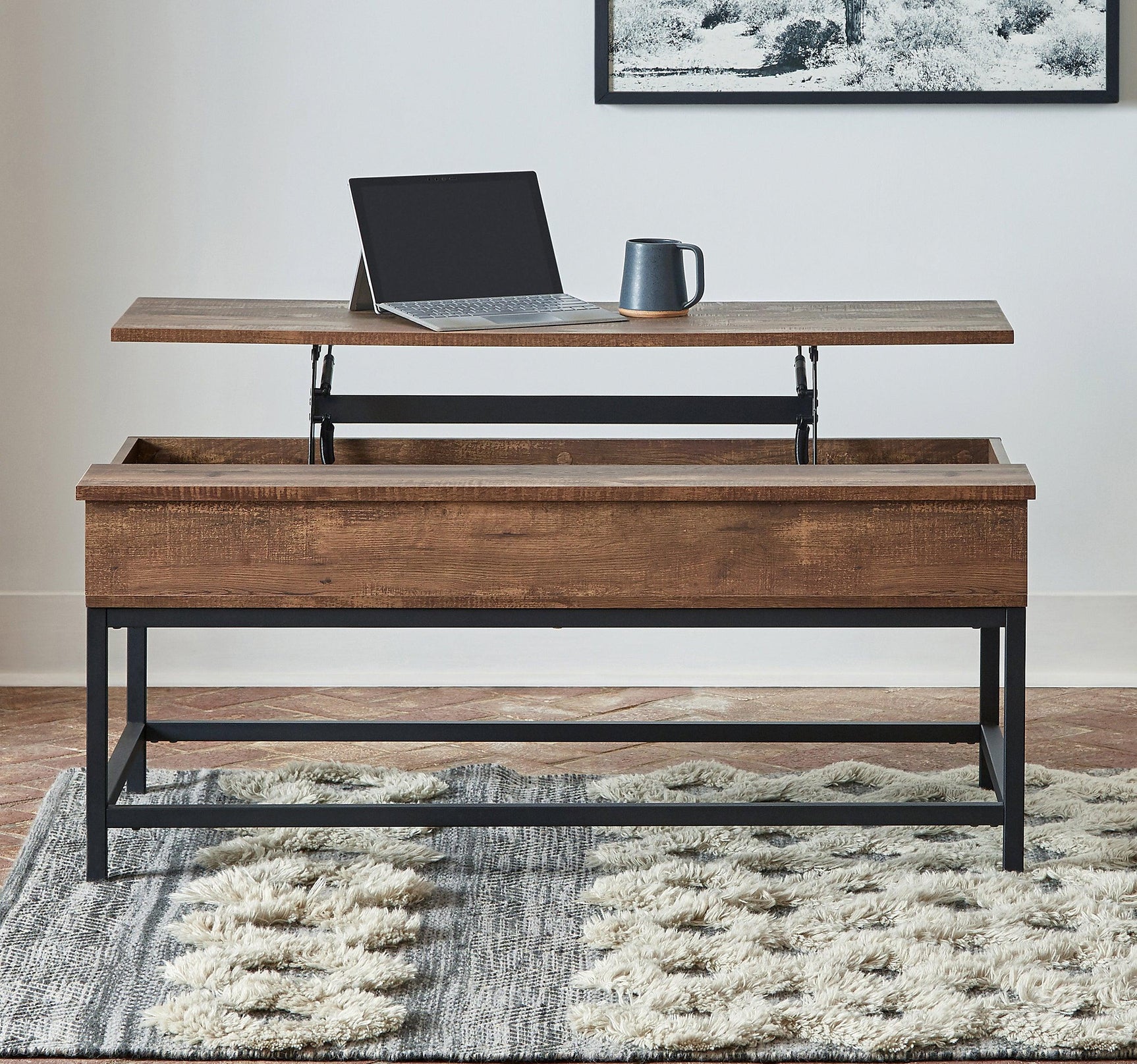 Lift-top raised showing hidden storage compartment of Byers coffee table