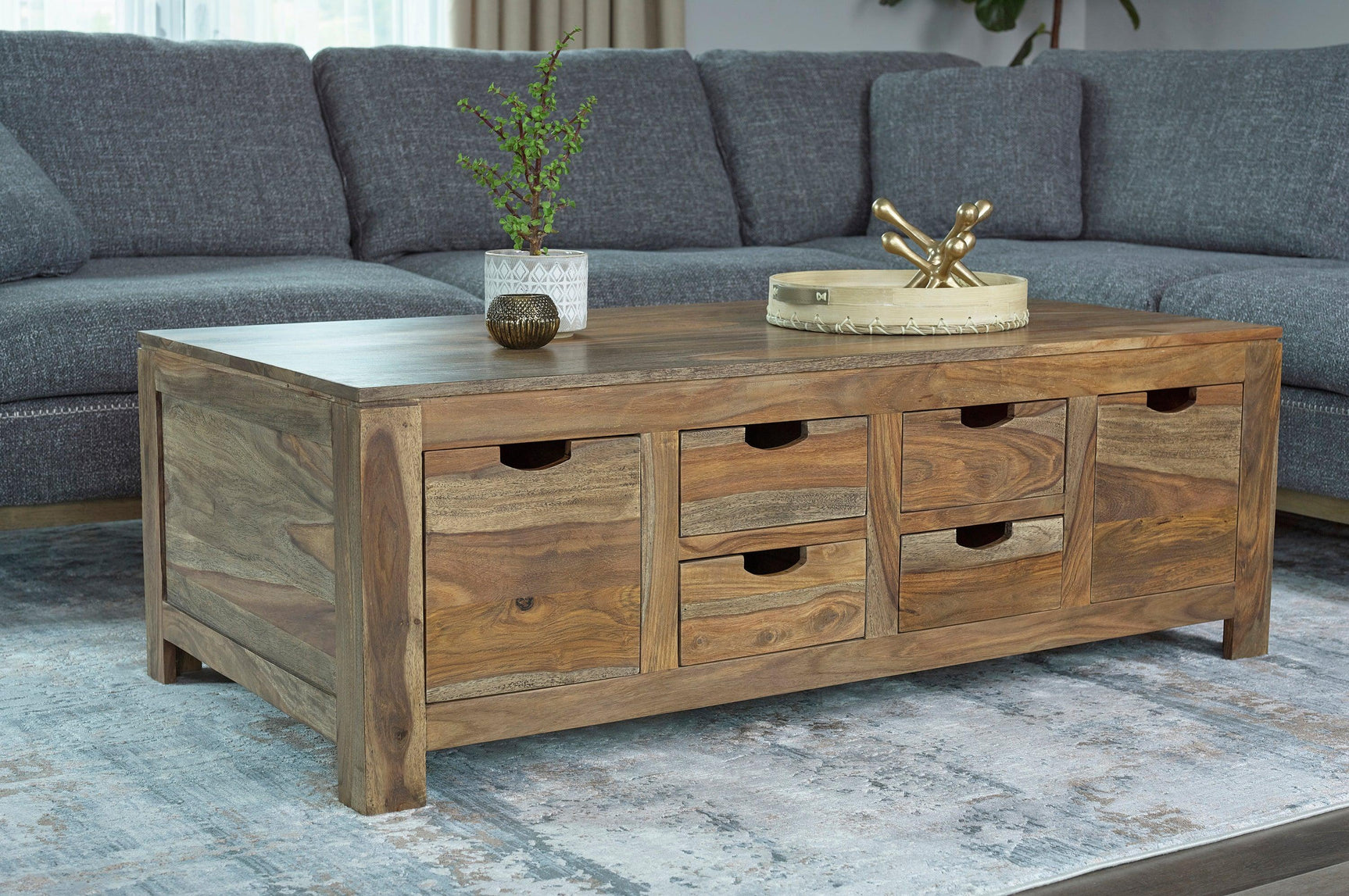 Esther 6-Drawer Storage Coffee Table Natural Sheesham - Ella Furniture