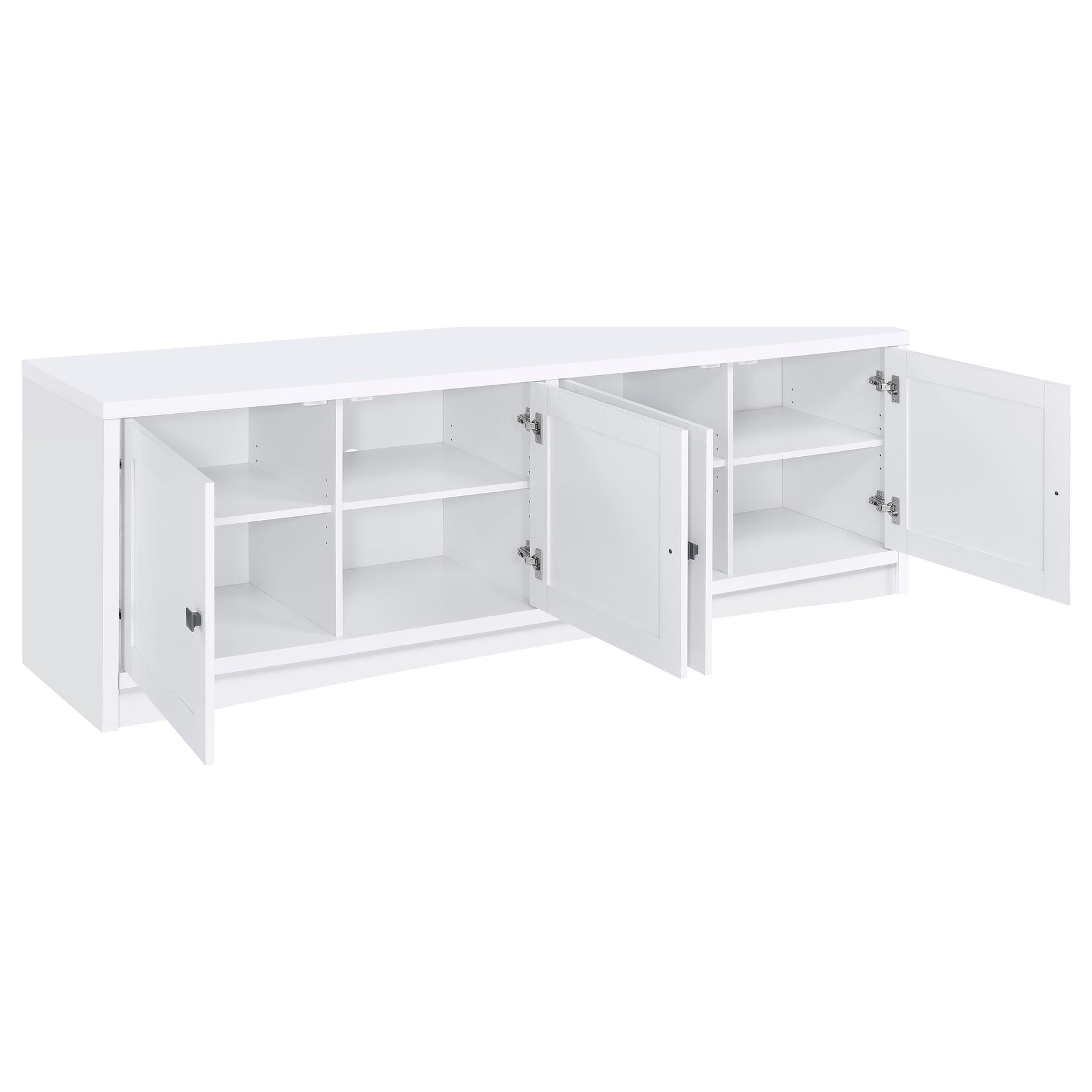 Rear view of TV stand with cord management openings