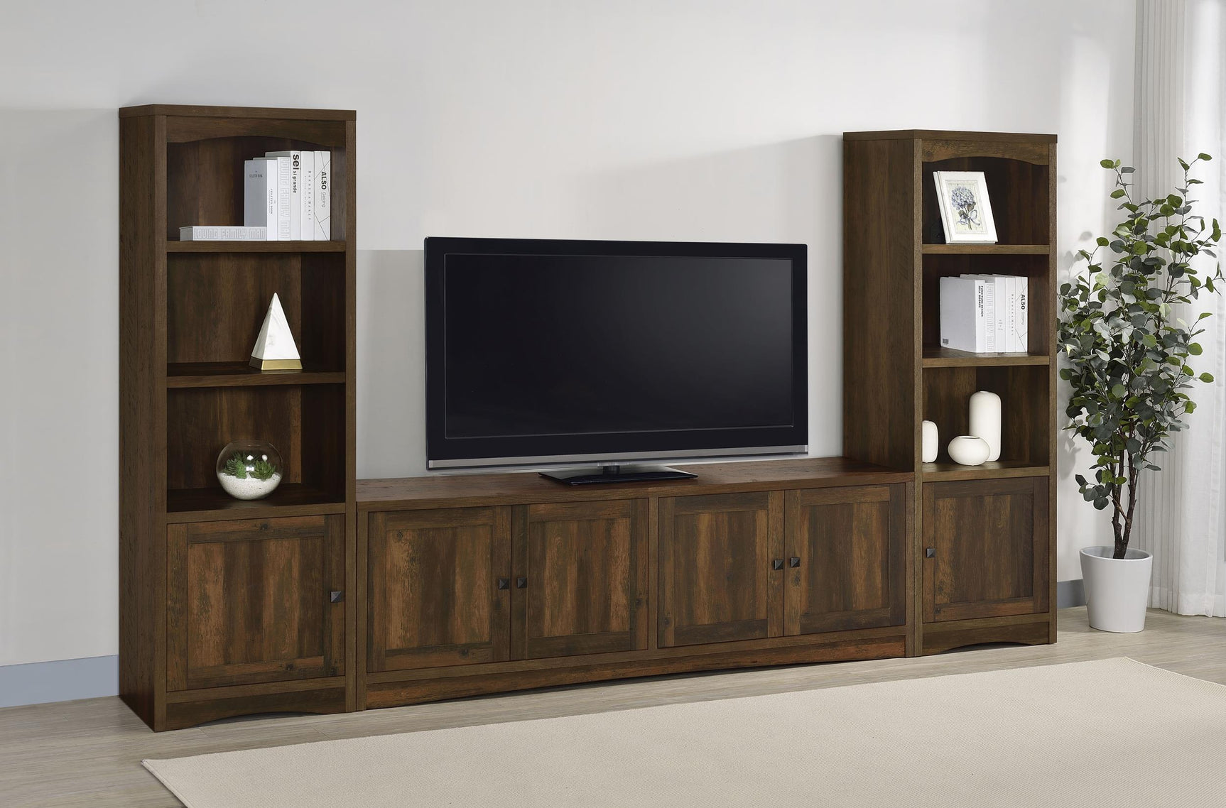 Laughlin media tower with open shelving and cabinet door