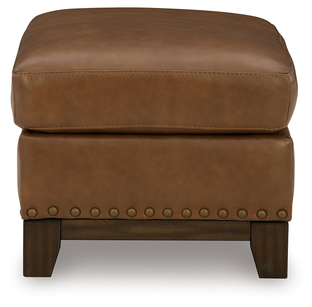 Saonara Amber Leather Ottoman detailed stitching and nailhead trim