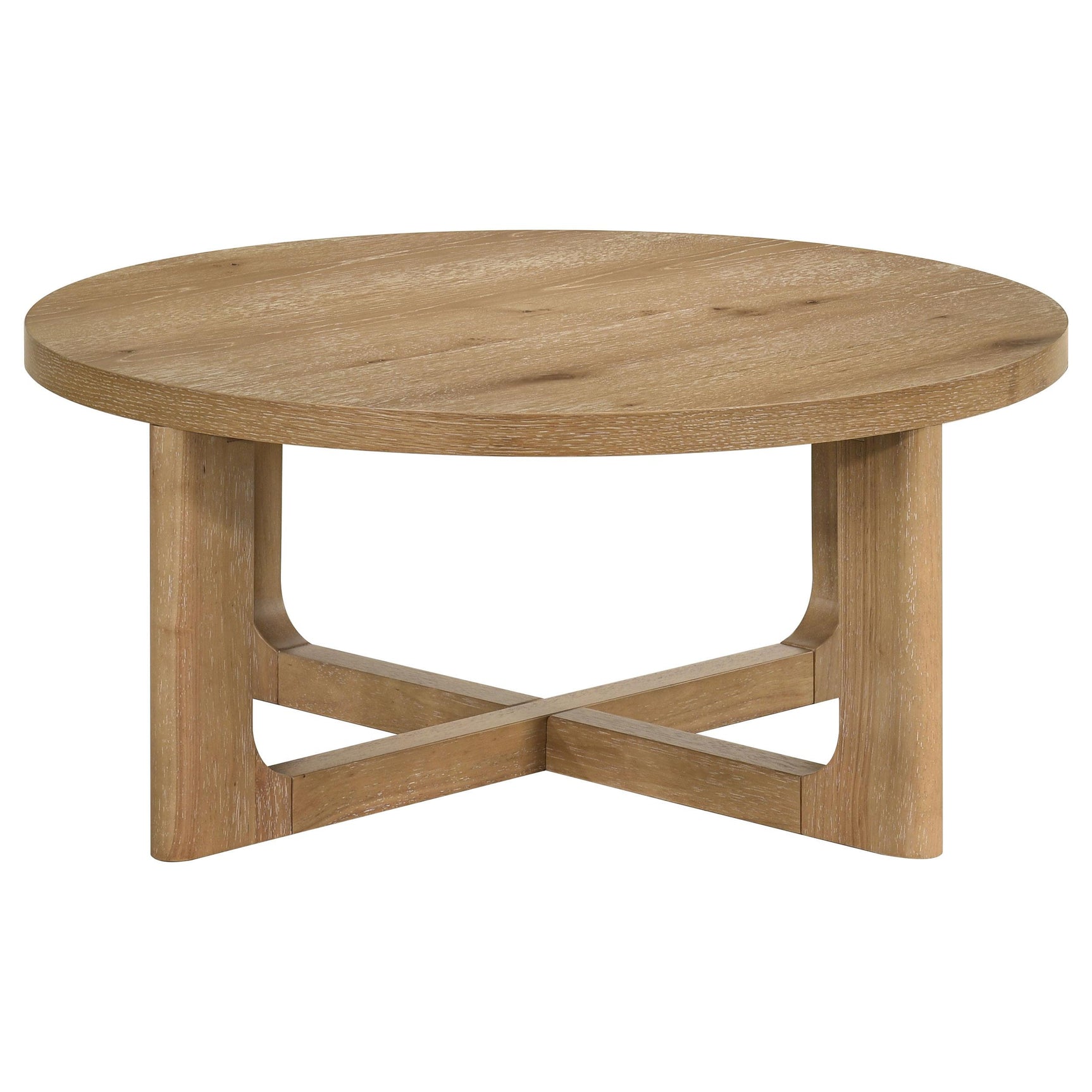Kessler round wood coffee table set light oak, shown with coffee and end table