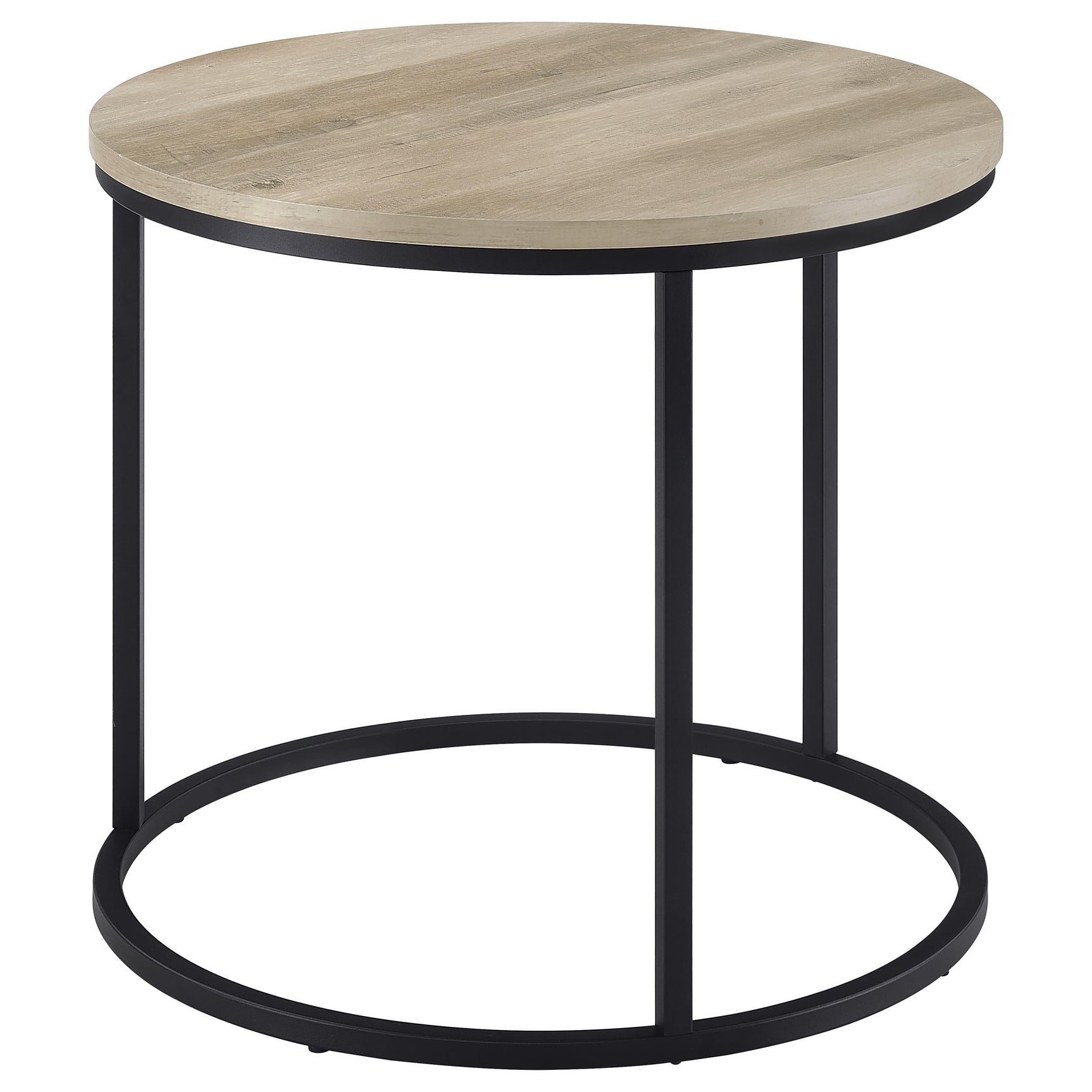 Top view of Lainey round side table with distressed pine finish