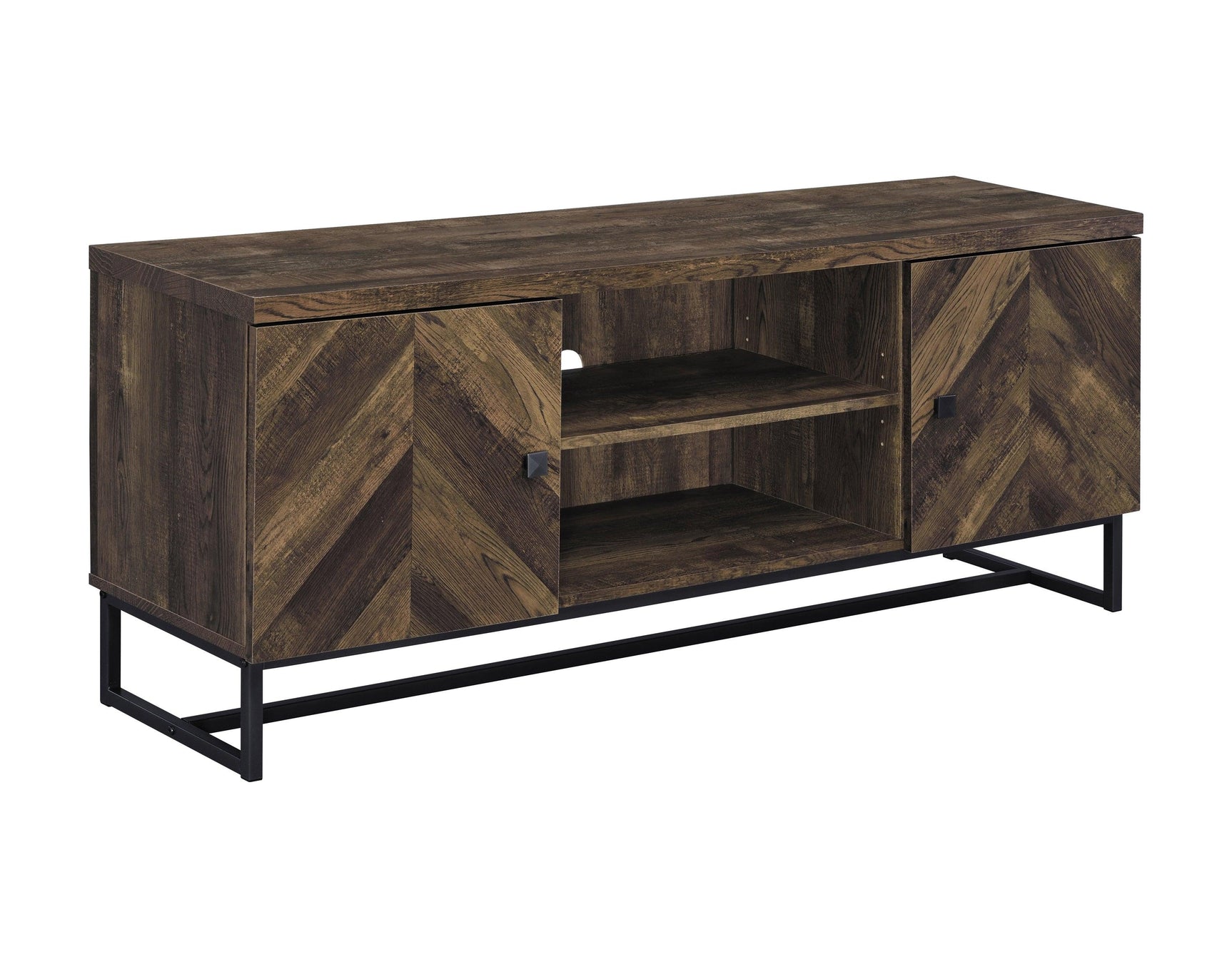Myles 2-Door TV Console rustic oak herringbone side view showing metal legs