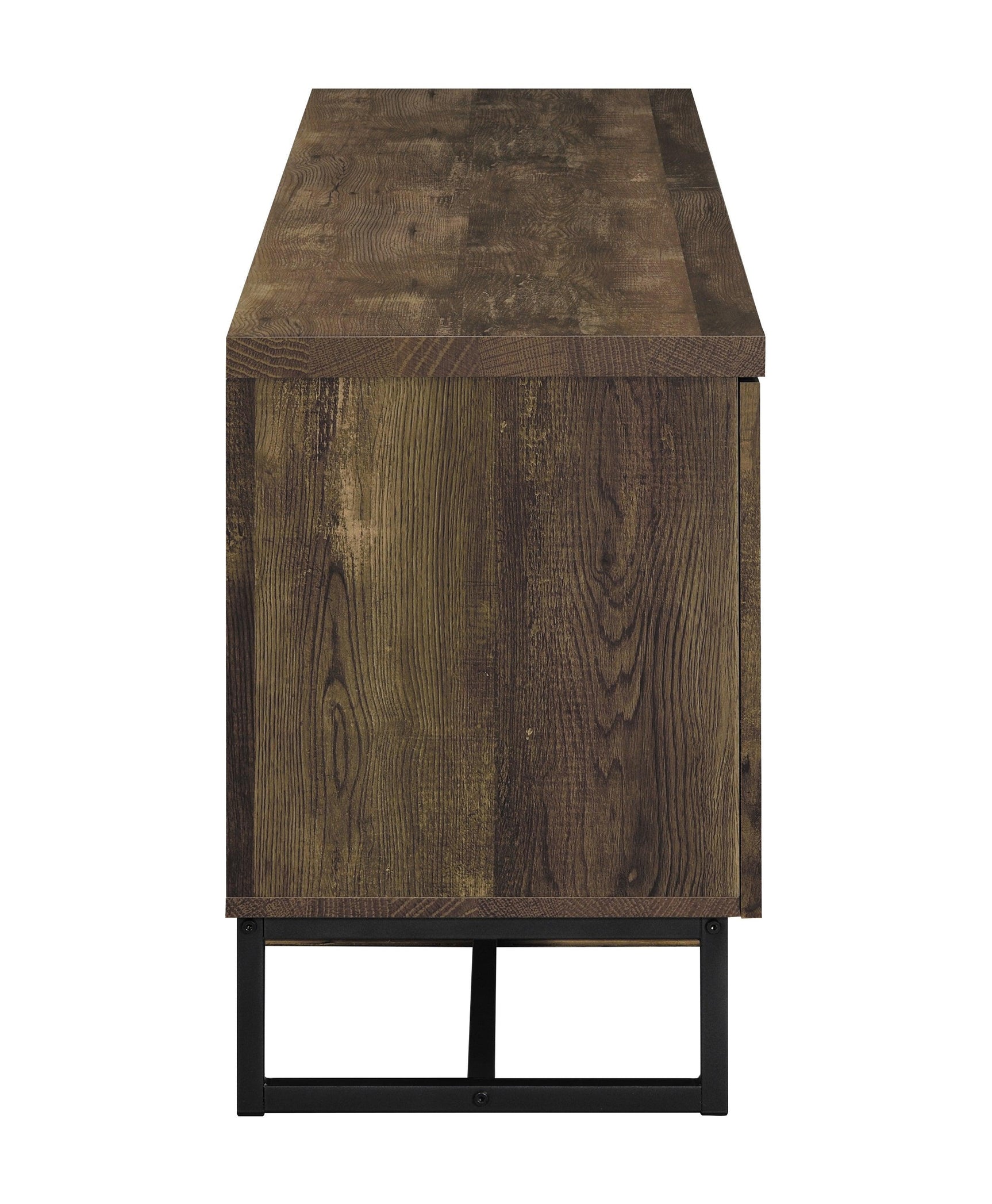 Myles 2-Door TV Console gunmetal metal trestle legs detail