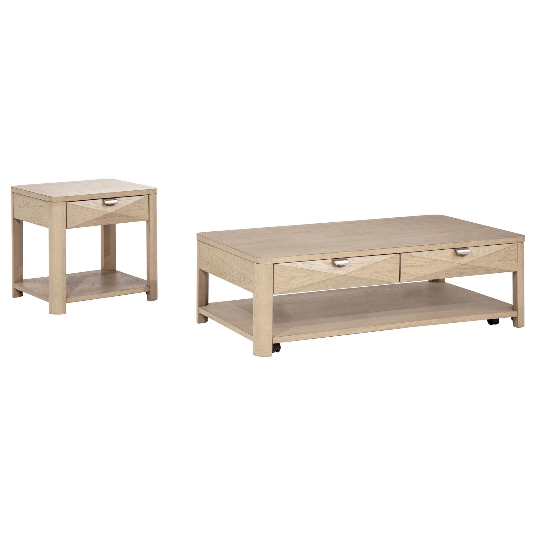 Marcelo end table with drawer and open shelf, light elm finish, side angle