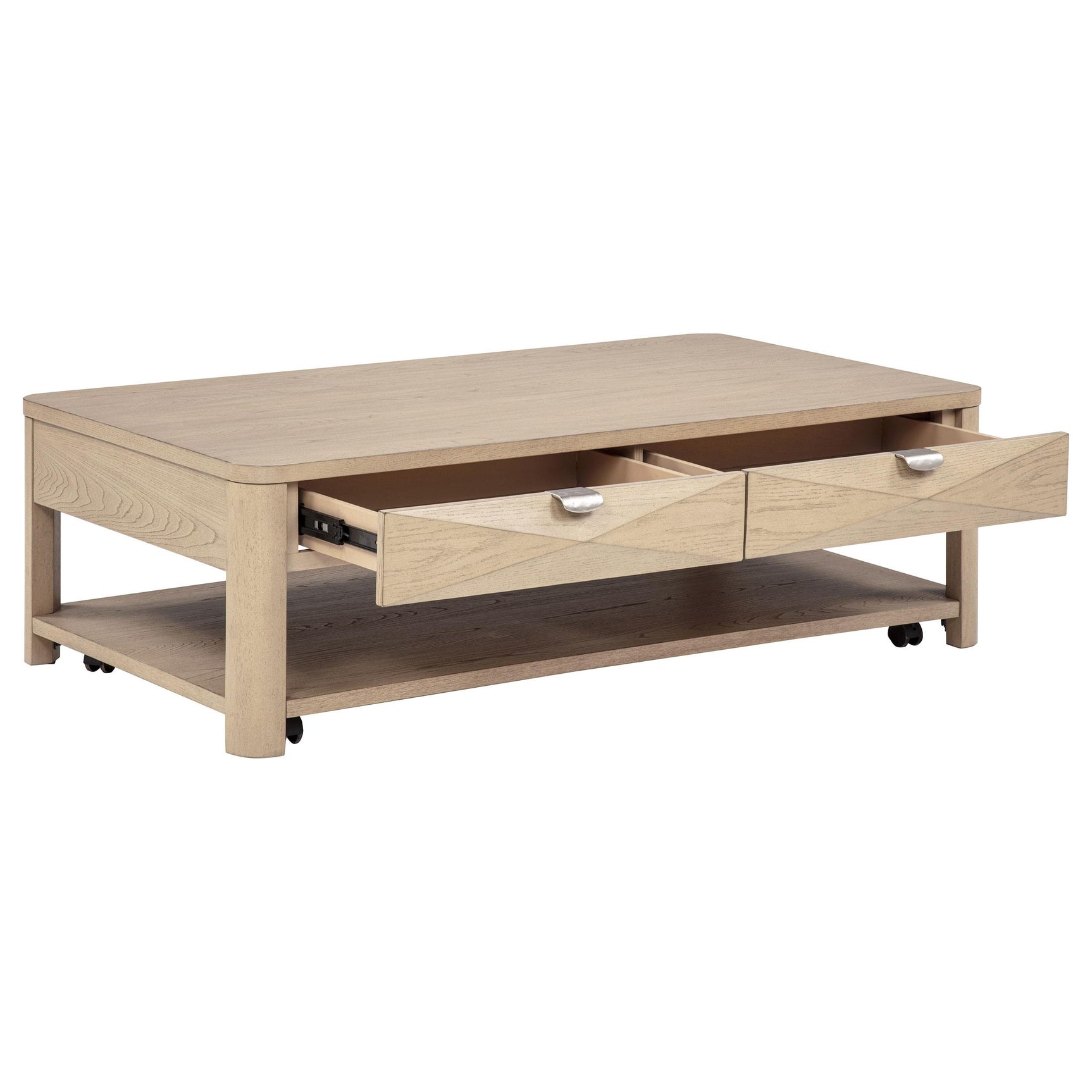 Drawer detail on Marcelo coffee table with tinted drawer fronts