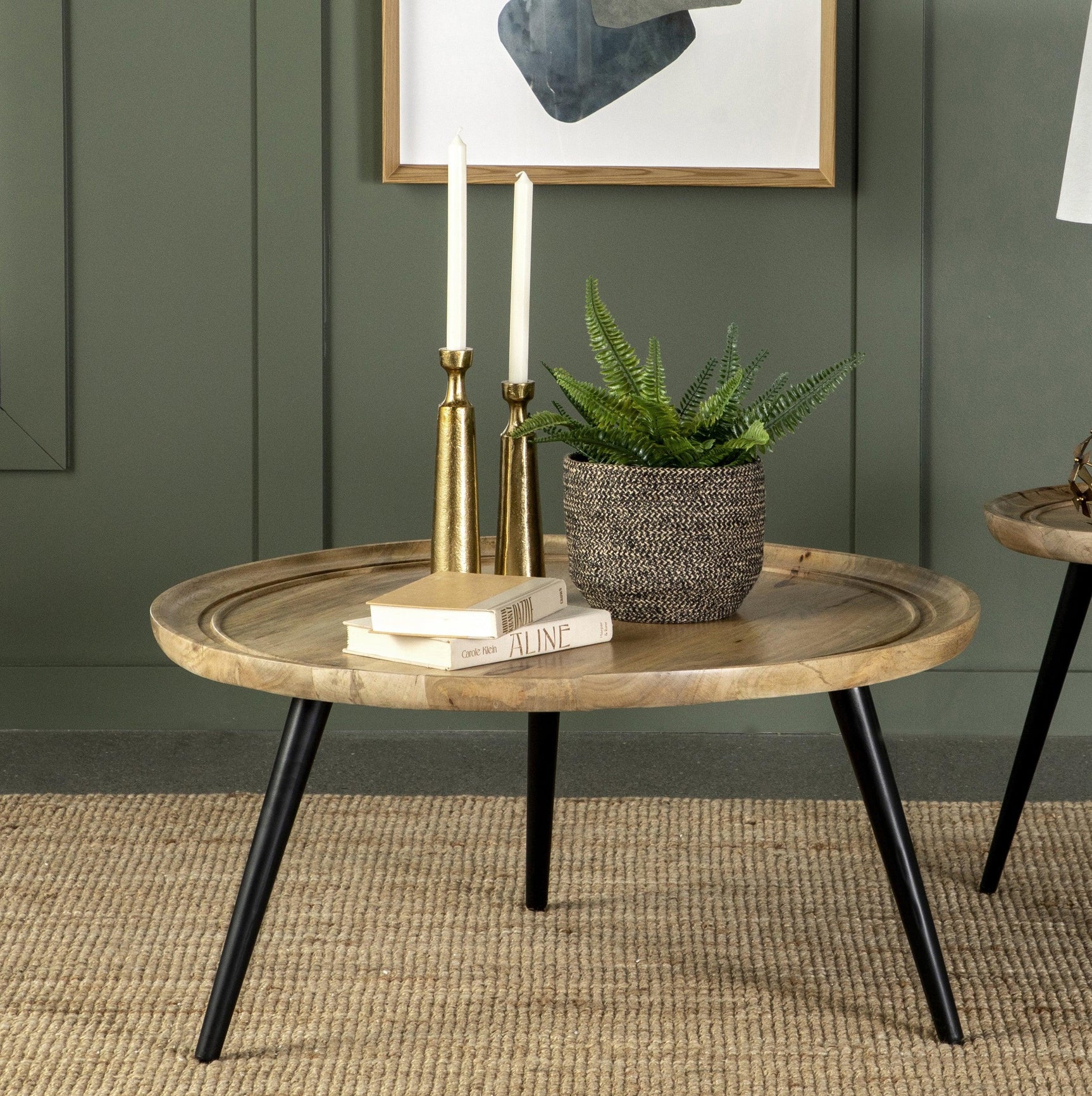 Zoe Round Coffee Table With Trio Legs Natural And Black - Ella Furniture