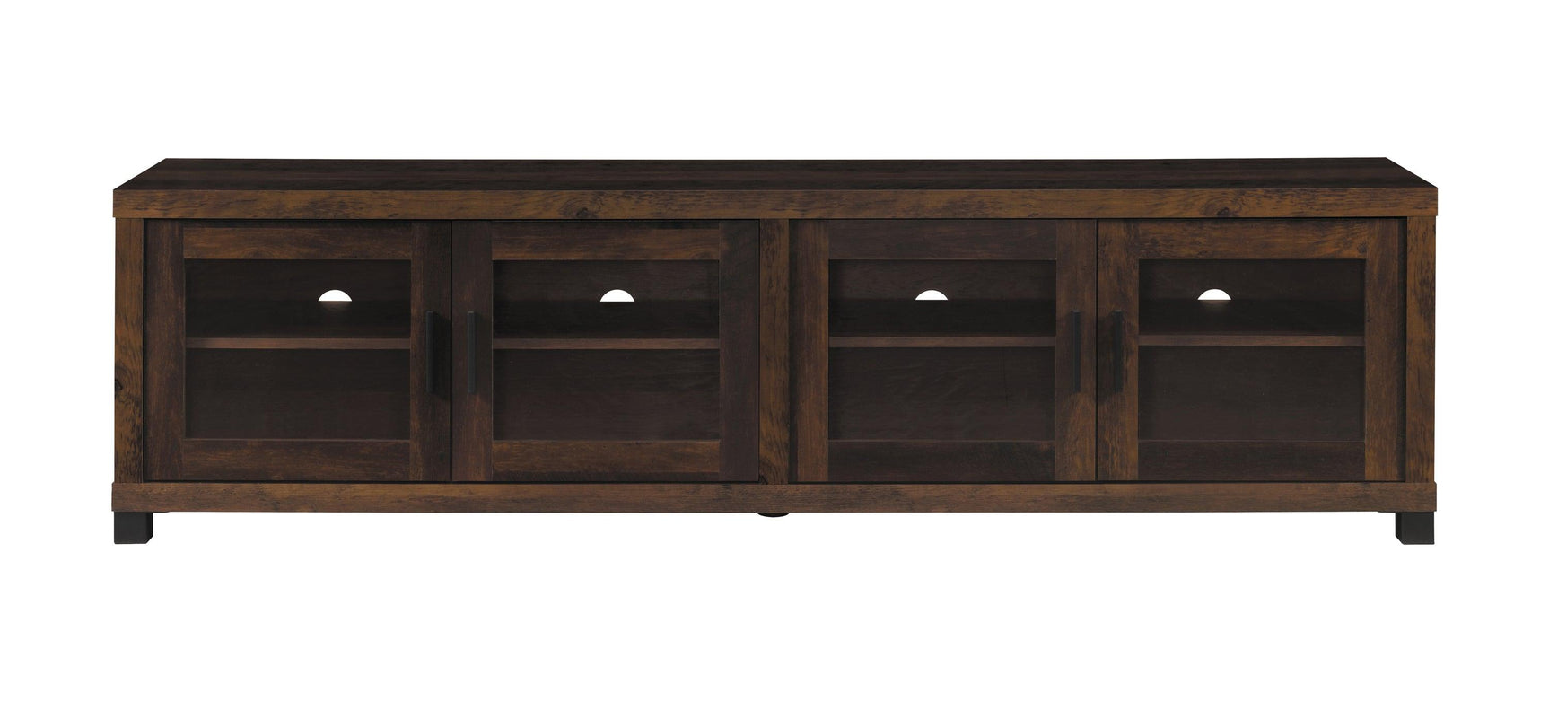 Open cabinet door revealing adjustable shelves