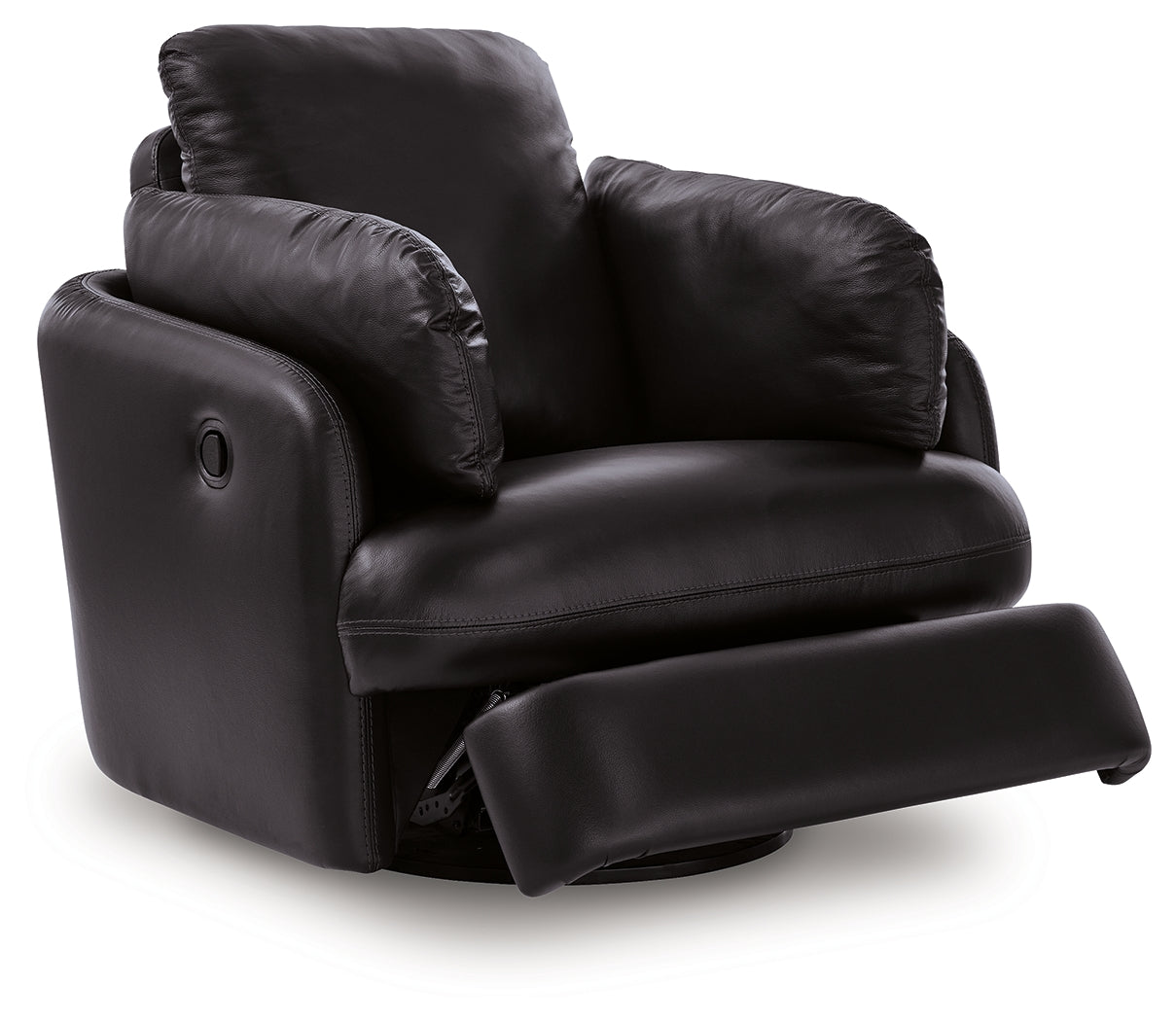 reclining view of Modmax II Black Leather Swivel Glider Recliner recliner