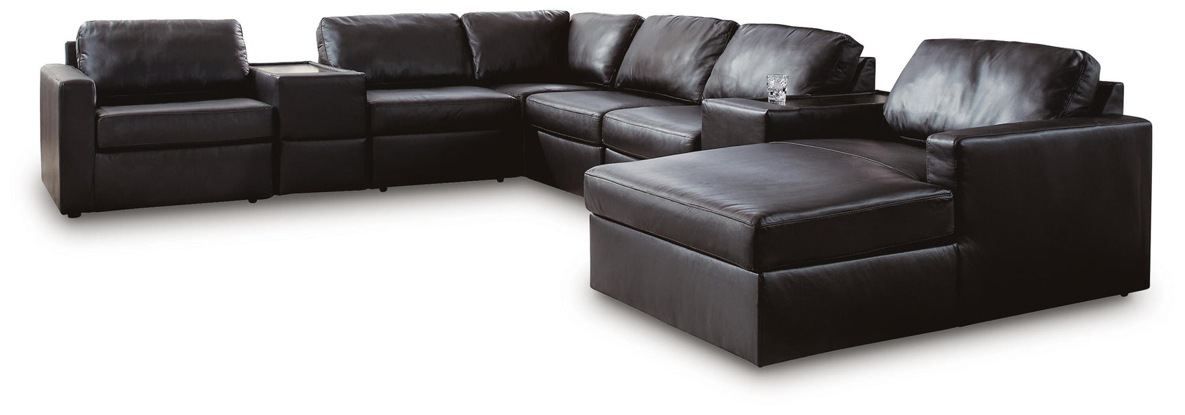 Side view of Modmax II black leather 8-piece sectional with chaise and storage consoles