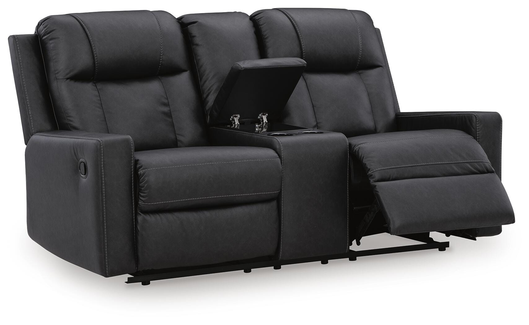 Mackmenville Carbon Faux Leather Reclining Loveseat with Console angled view