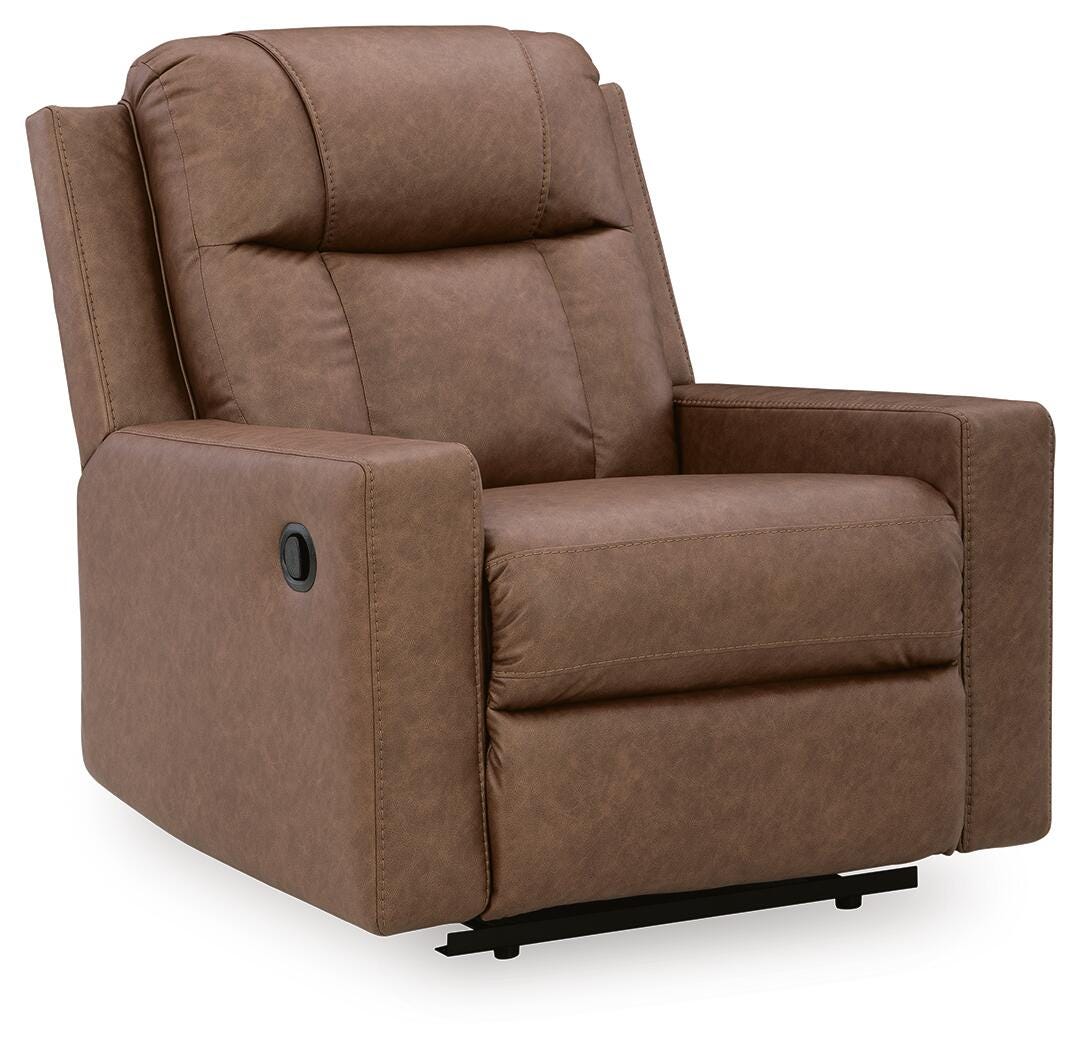 Mackmenville Caramel Faux Leather Recliner angled view