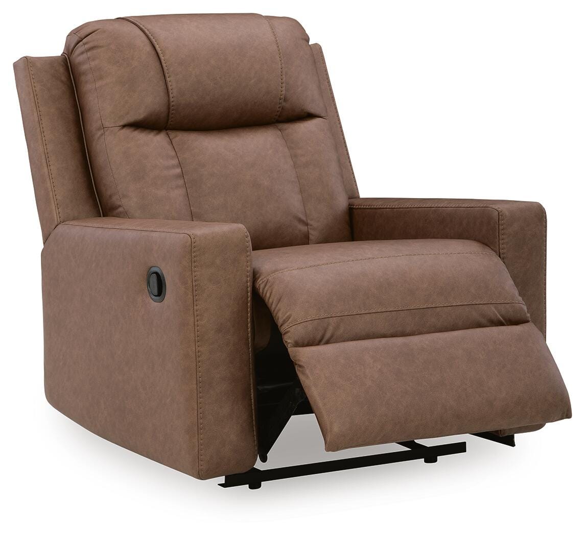 Mackmenville Caramel Faux Leather Recliner angled view