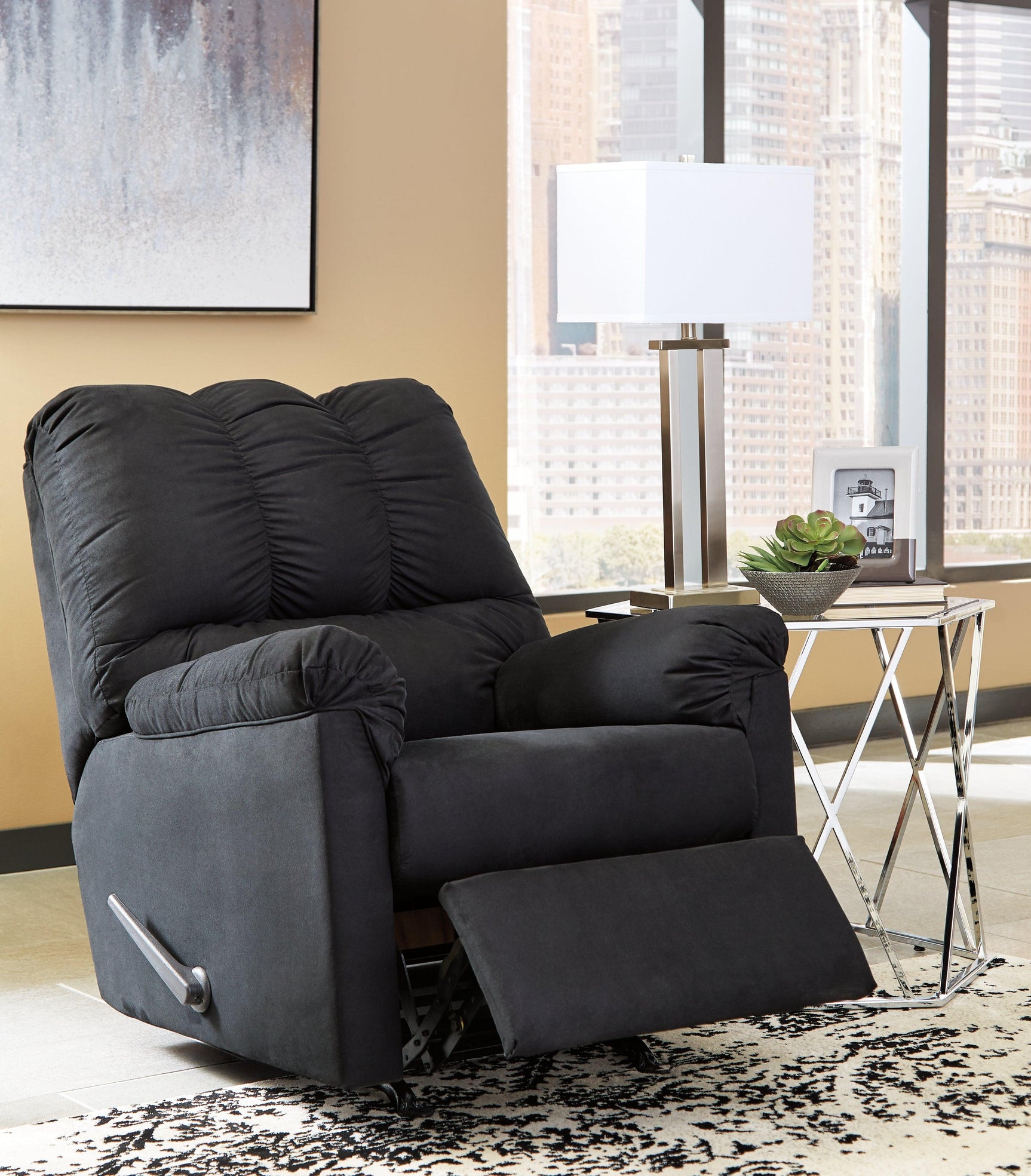 Darcy Black Microfiber Recliner in reclined position