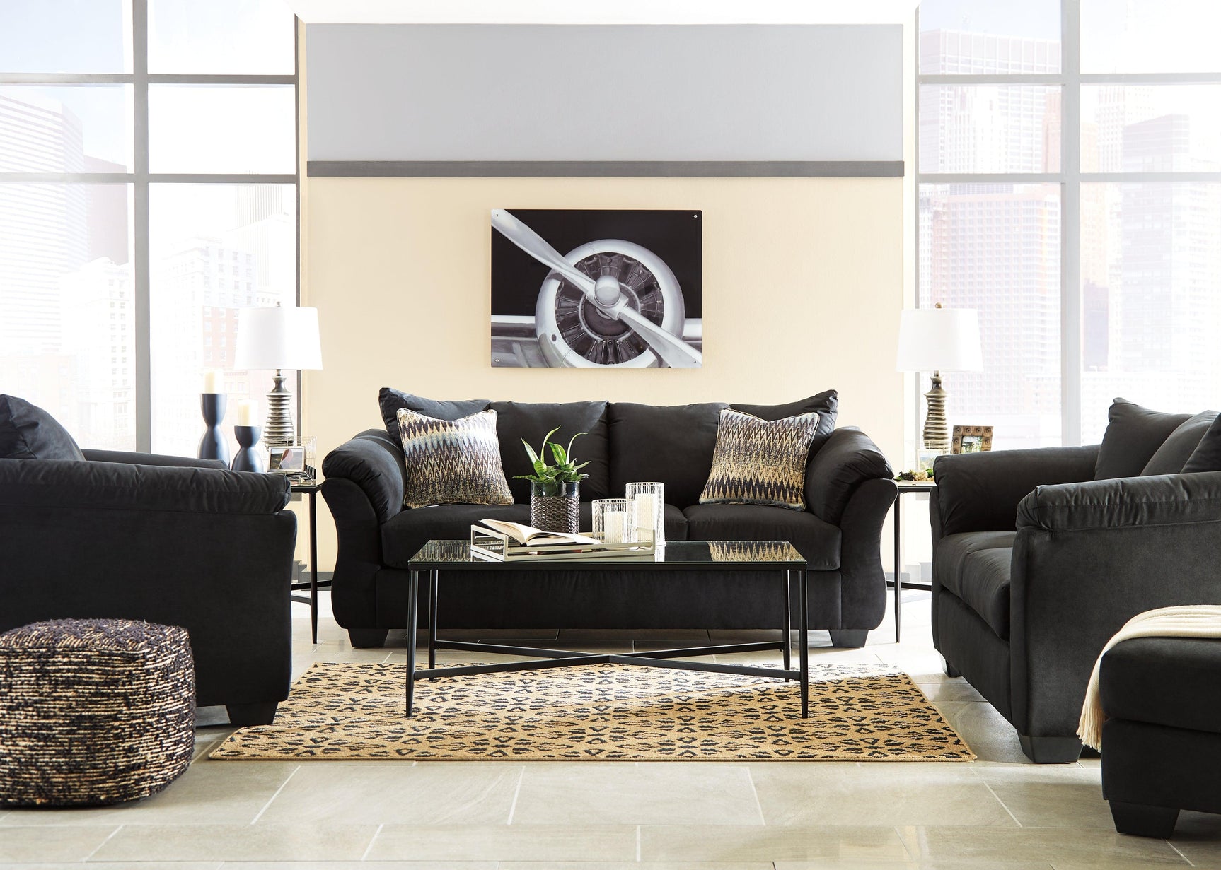 Darcy Black Microfiber Sofa side pillow detail