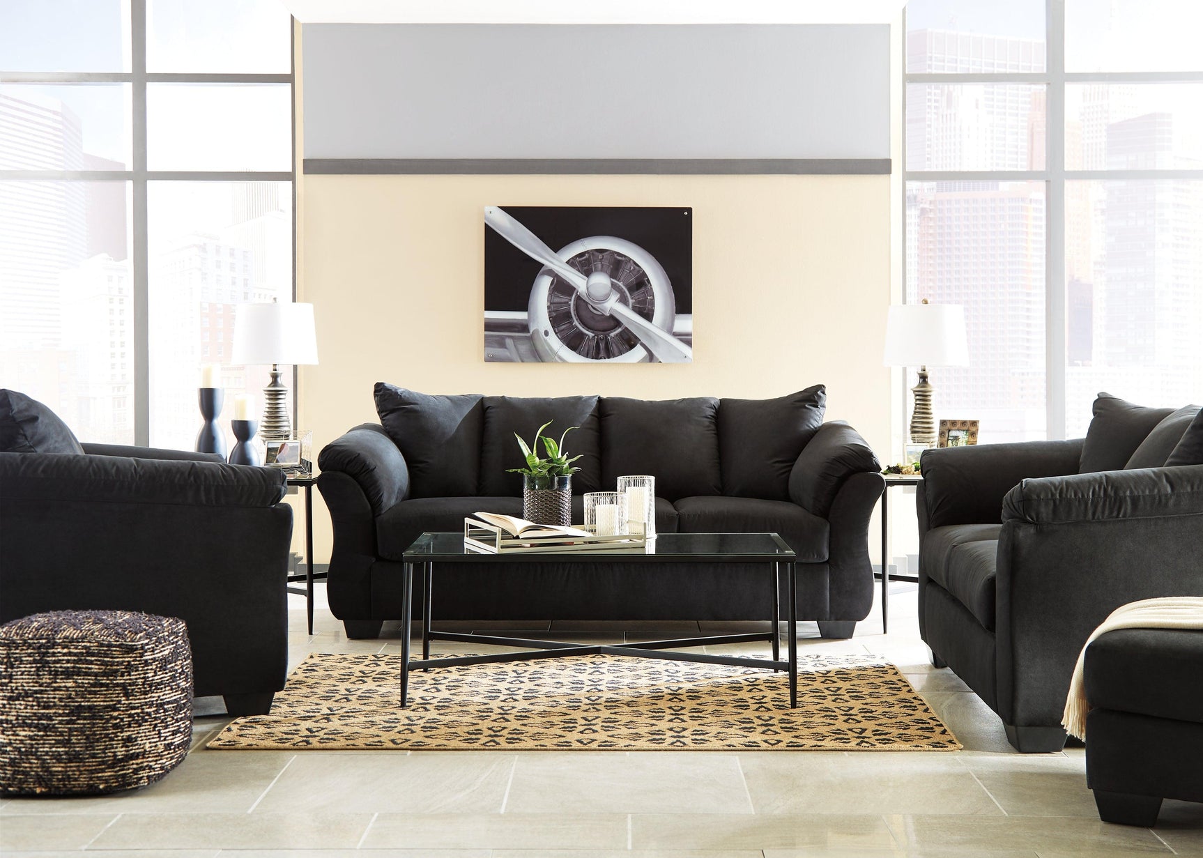 Darcy Black Microfiber Sofa lighting detail close-up