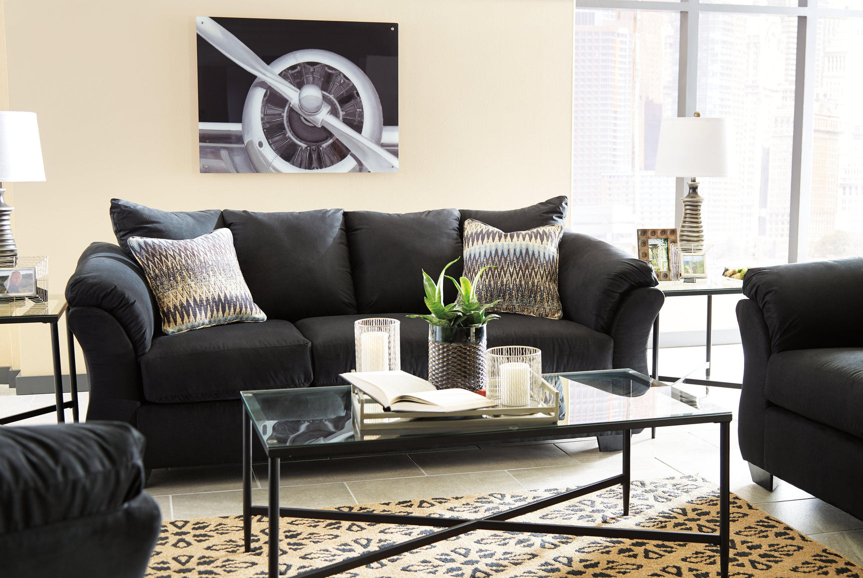 Darcy Black Microfiber Sofa side mood view