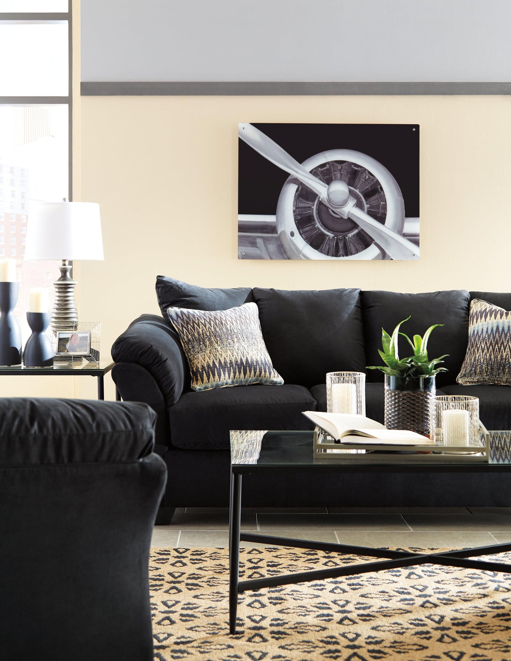 Darcy Black Microfiber Sofa detail mood shot