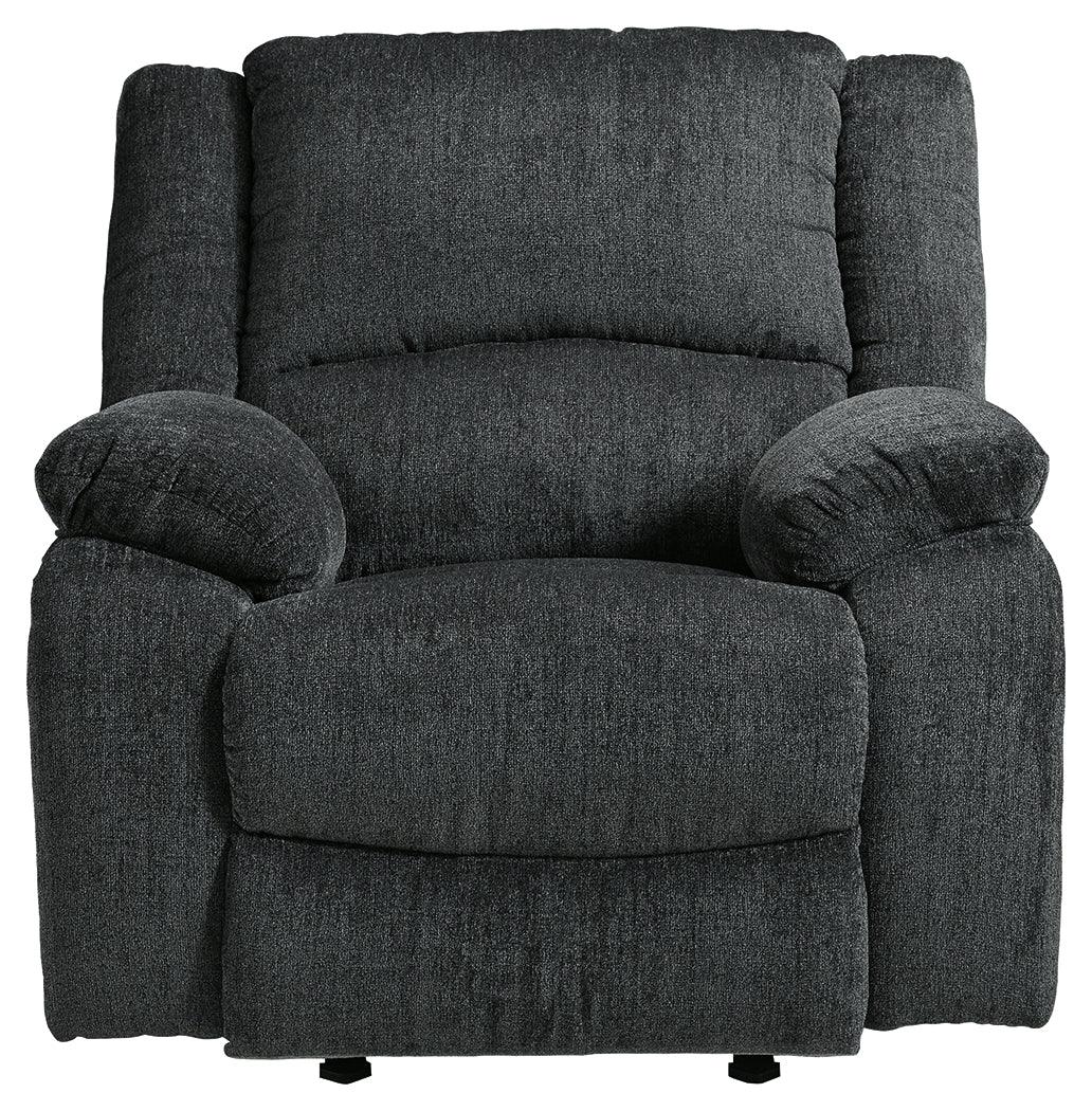 angled side view of Draycoll Slate Chenille Recliner