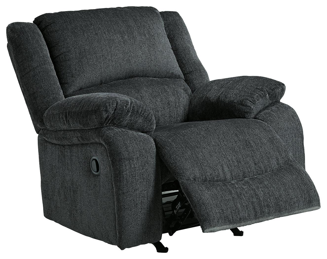 open reclined view of Draycoll Slate Chenille Recliner