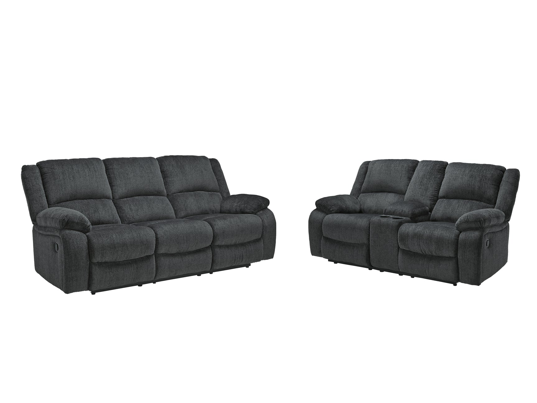 Draycoll Slate loveseat with center console, side angle
