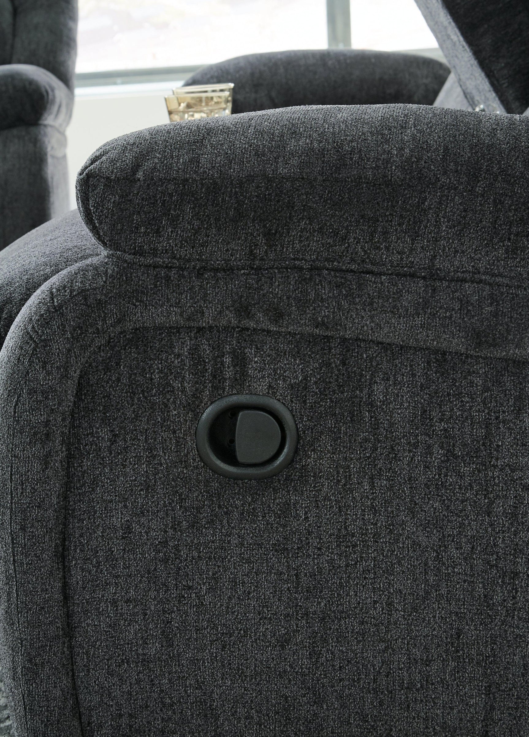 close-up of recliner release mechanism on Draycoll Slate Chenille Recliner