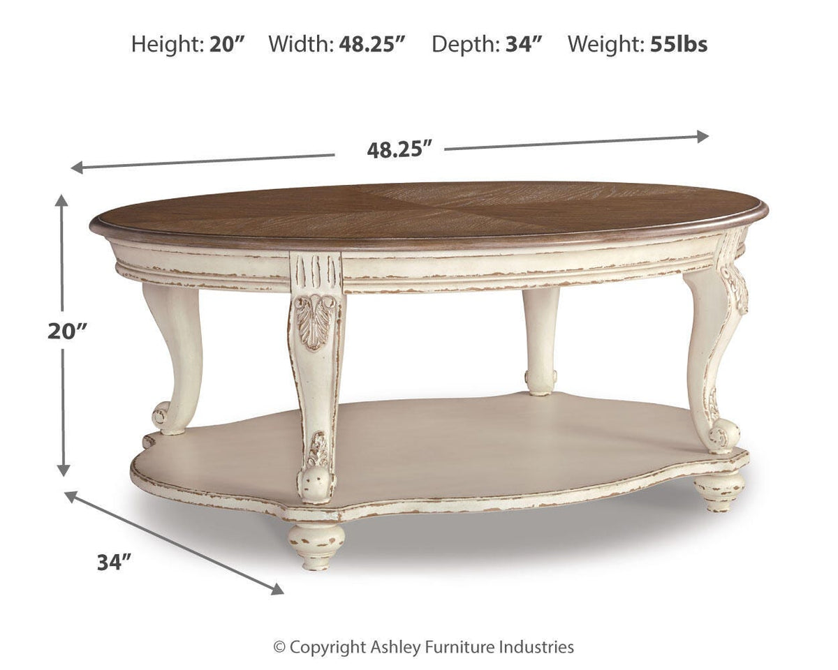 Realyn White/Brown Coffee Table with 1 End Table — dimension illustration