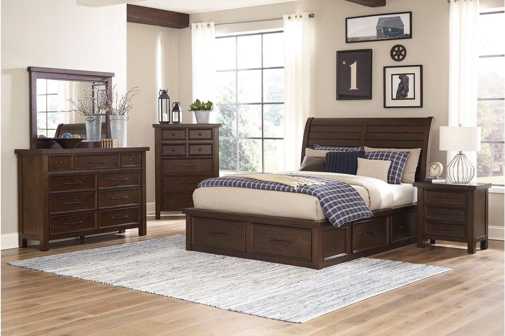 Logandale Brown Modern Transitional Solid Wood Sleigh Bedroom Set - Ella Furniture