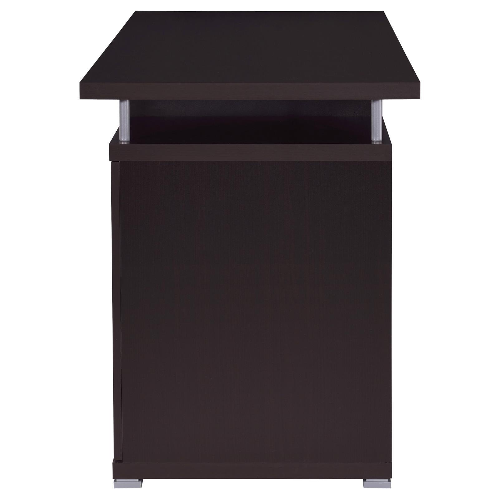 Tracy Cappuccino Desk showing adjustable shelf inside cabinet
