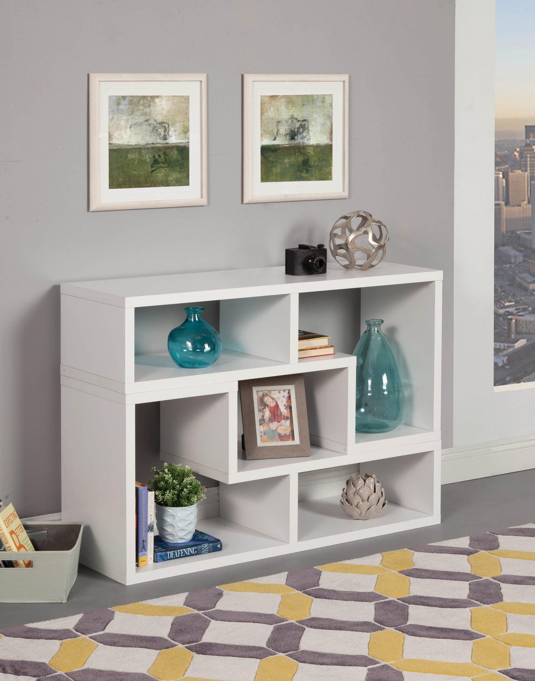 Velma bookcase with geometric open shelves detail