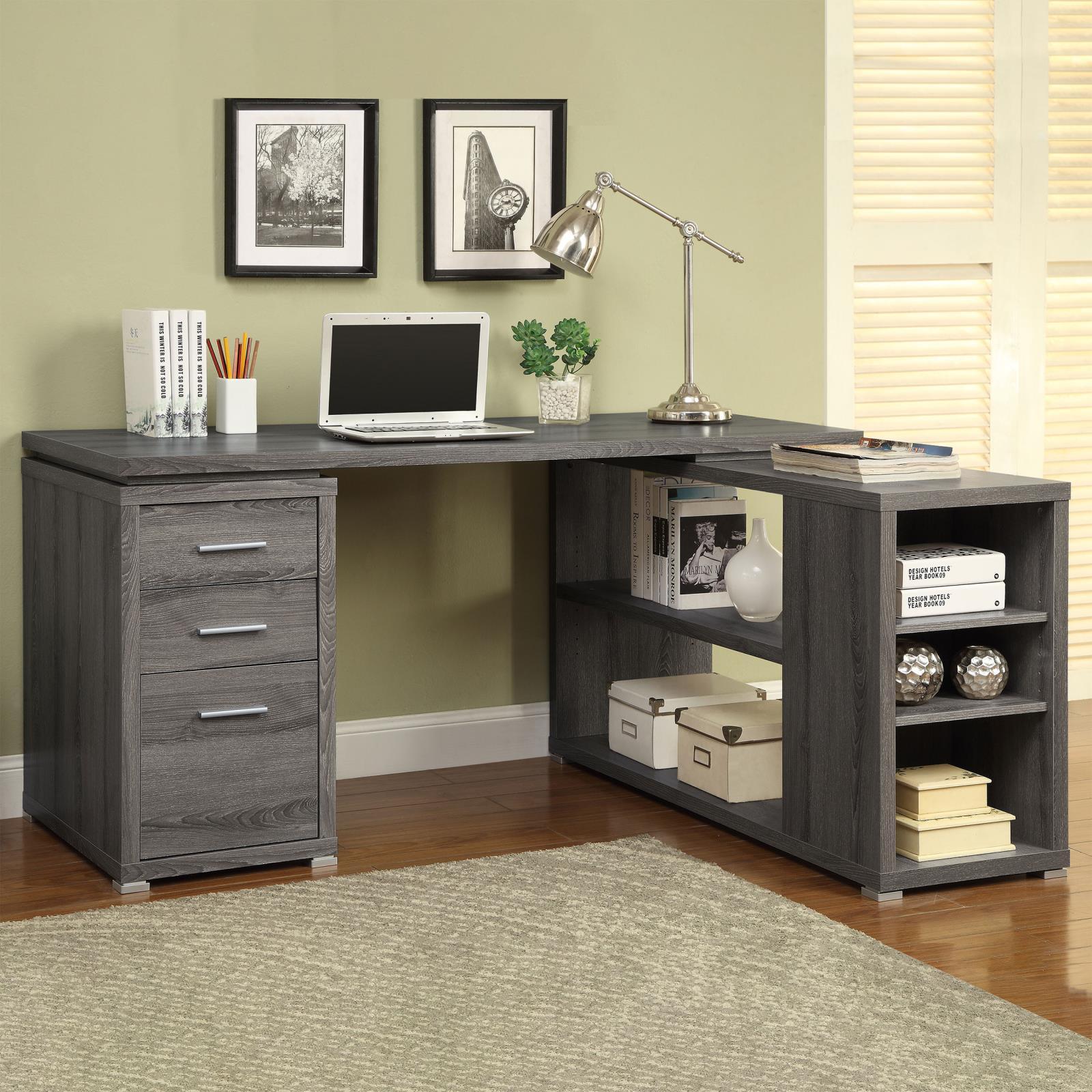 Yvette Natural Grey L-shape Office Desk front view showing drawers and shelves
