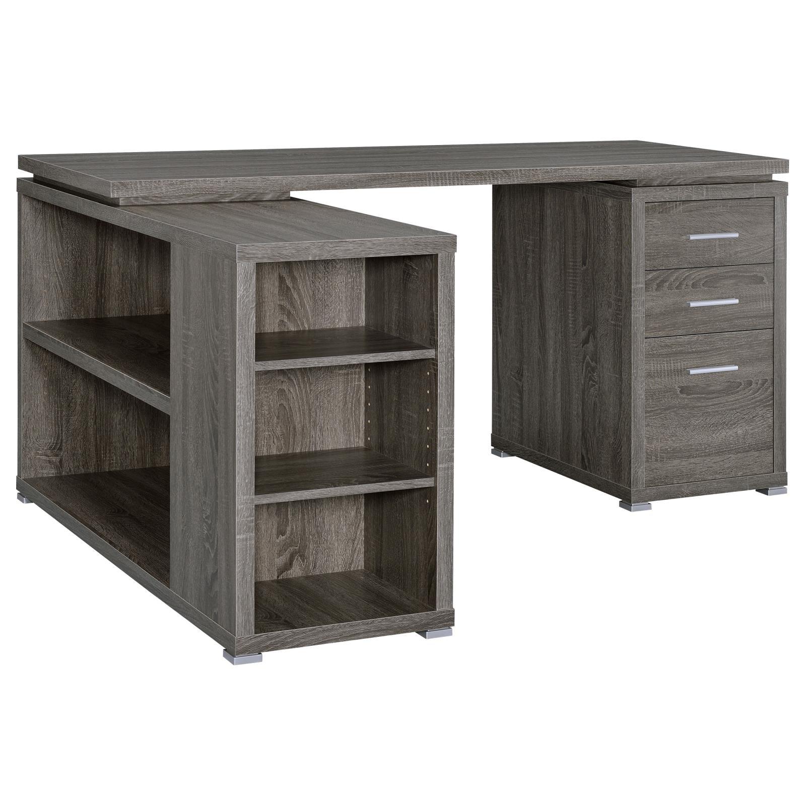 Yvette Natural Grey L-shape Office Desk view of locking caster wheels