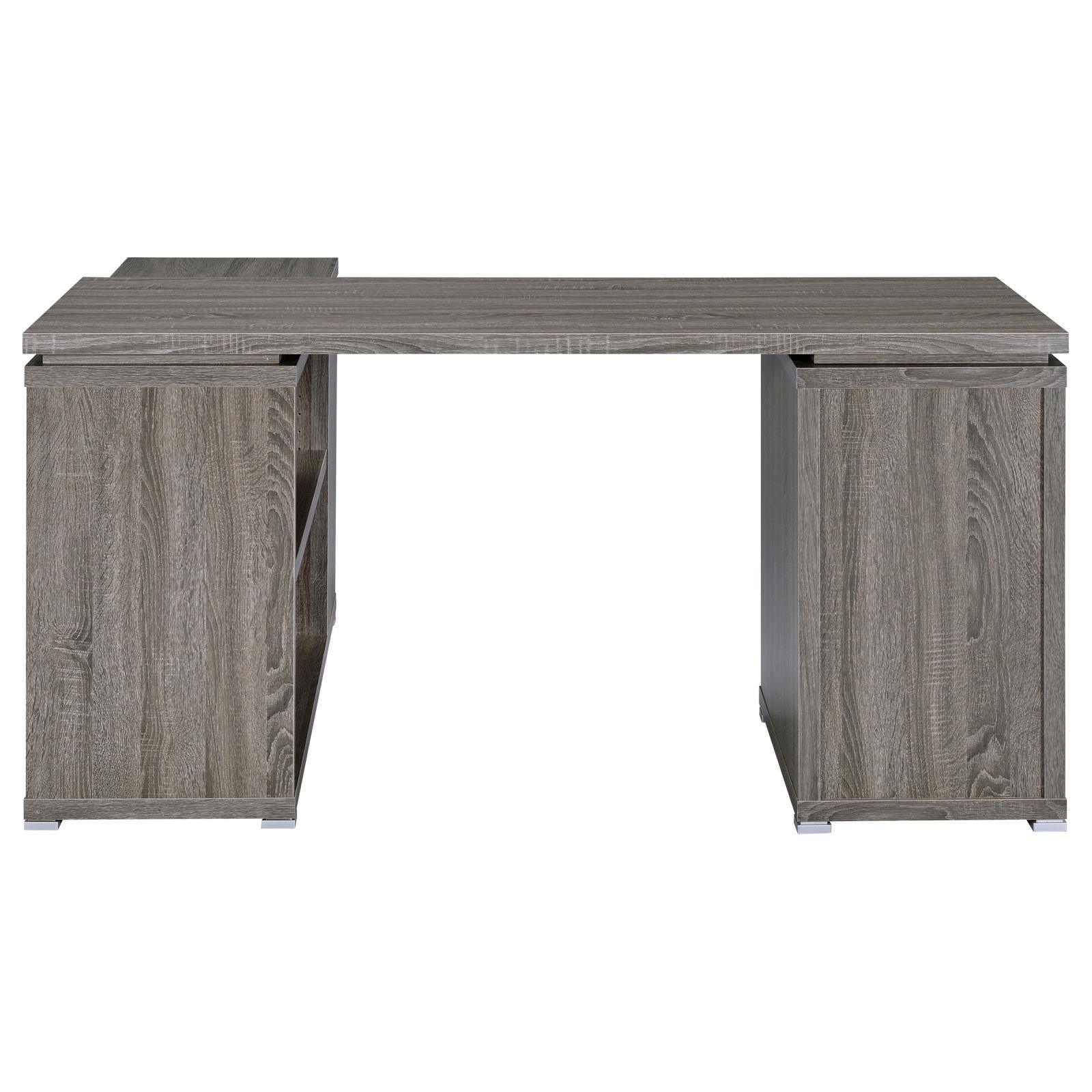 Yvette Natural Grey L-shape Office Desk with office chair in workspace