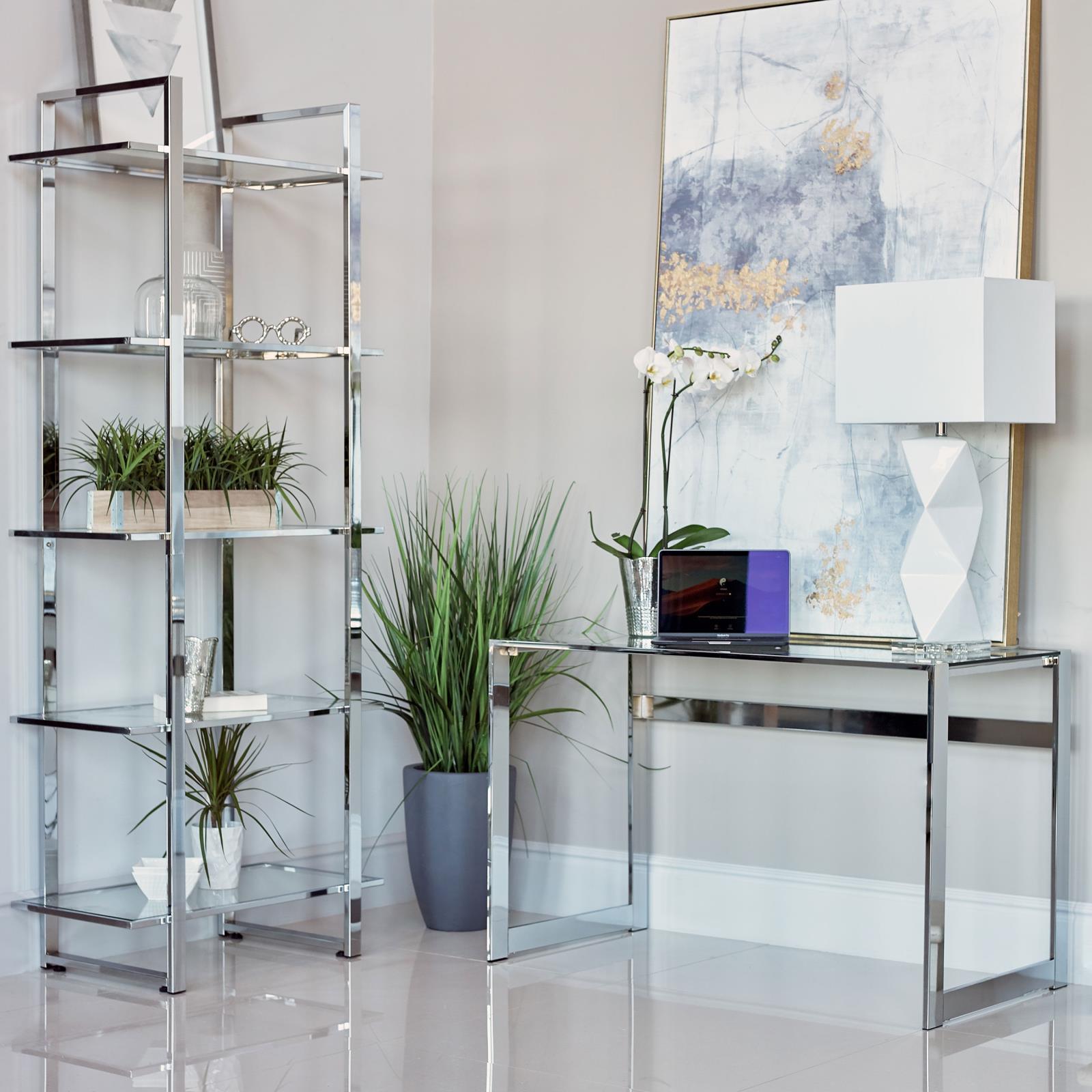 Hartford Chrome Glass Top Writing Desk - close-up of glass top and chrome frame