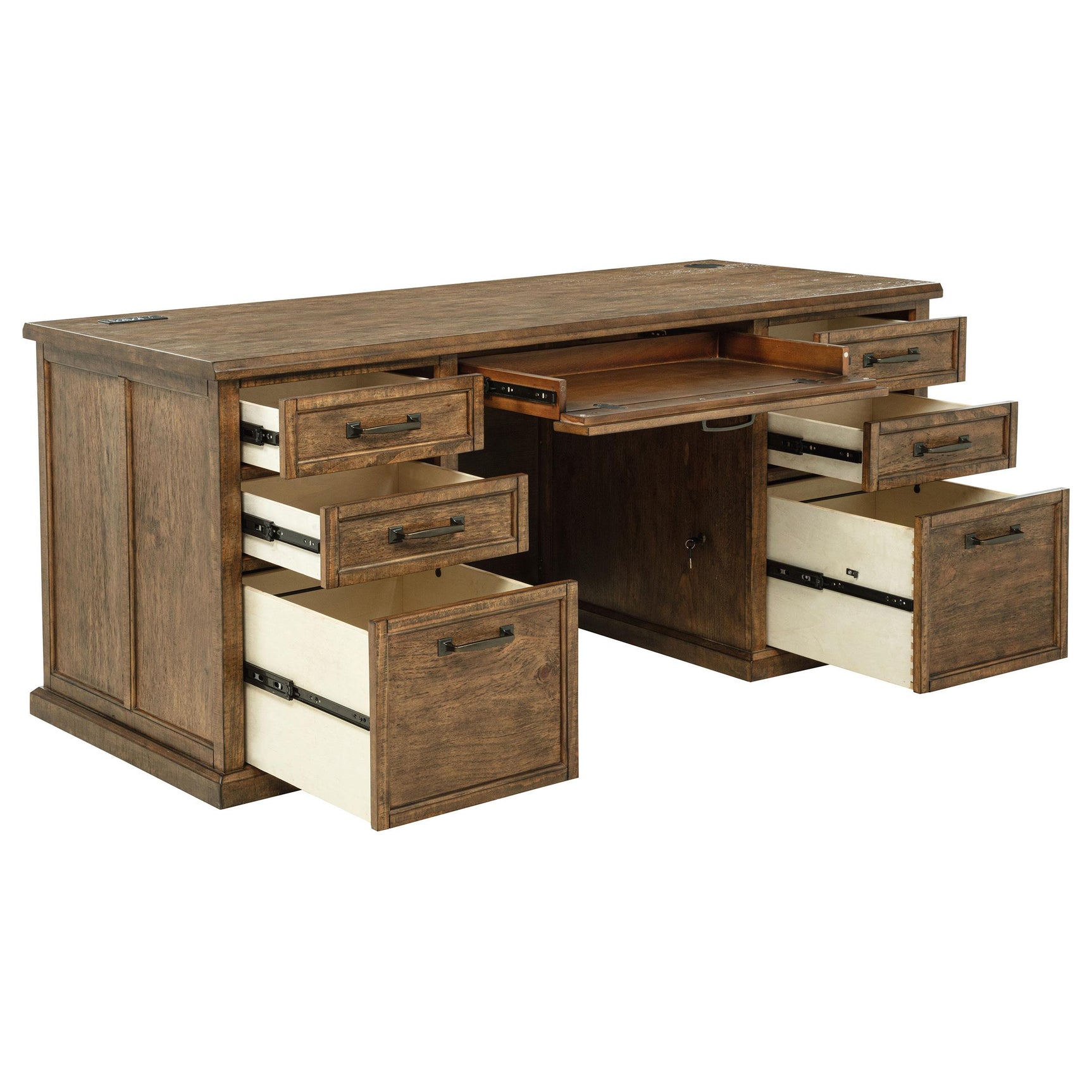 Executive desk side view showing drawers and desktop ports