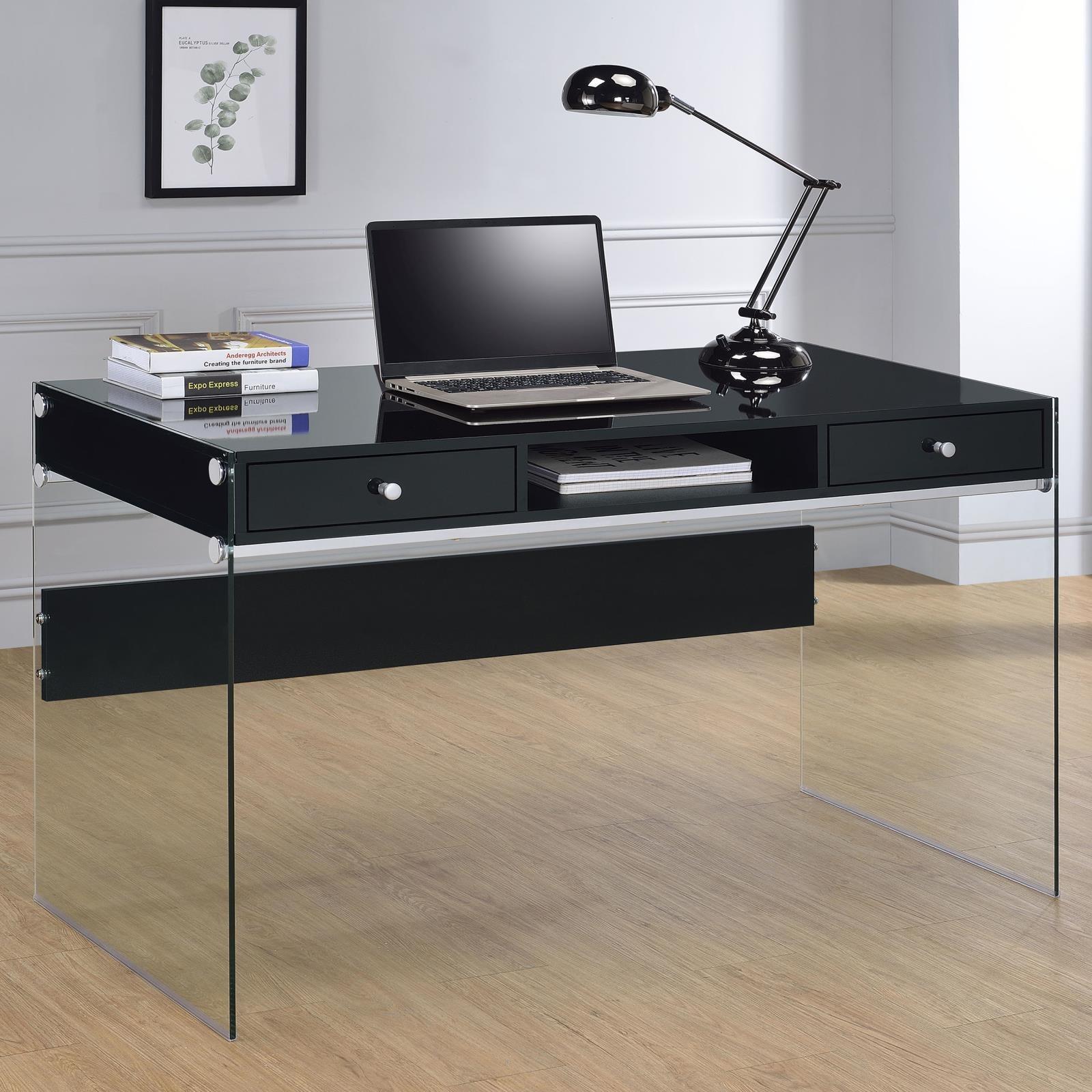 Dobrev Black Writing Desk with glass panels, angled front view