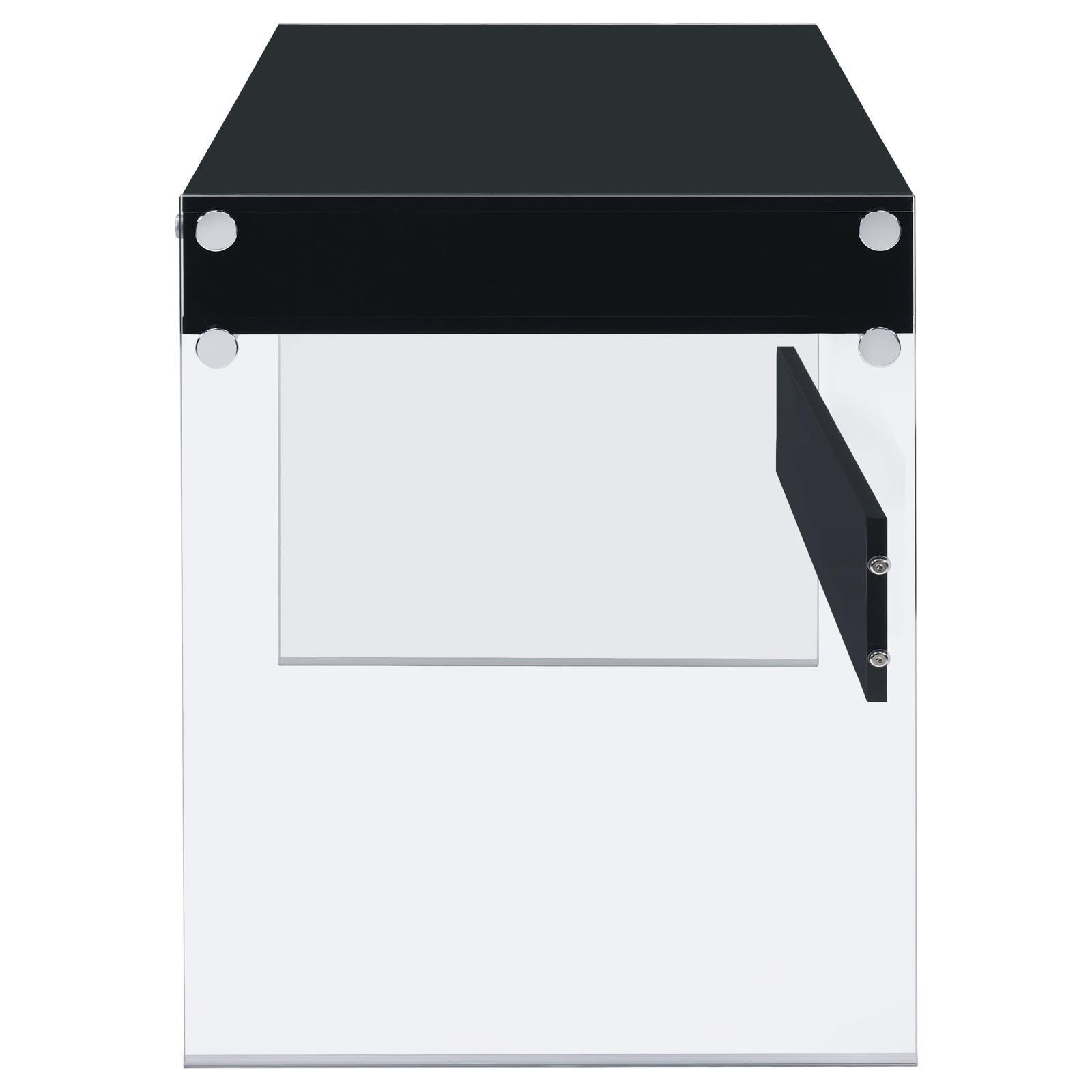 Glossy black surface of Dobrev Writing Desk with clear glass base