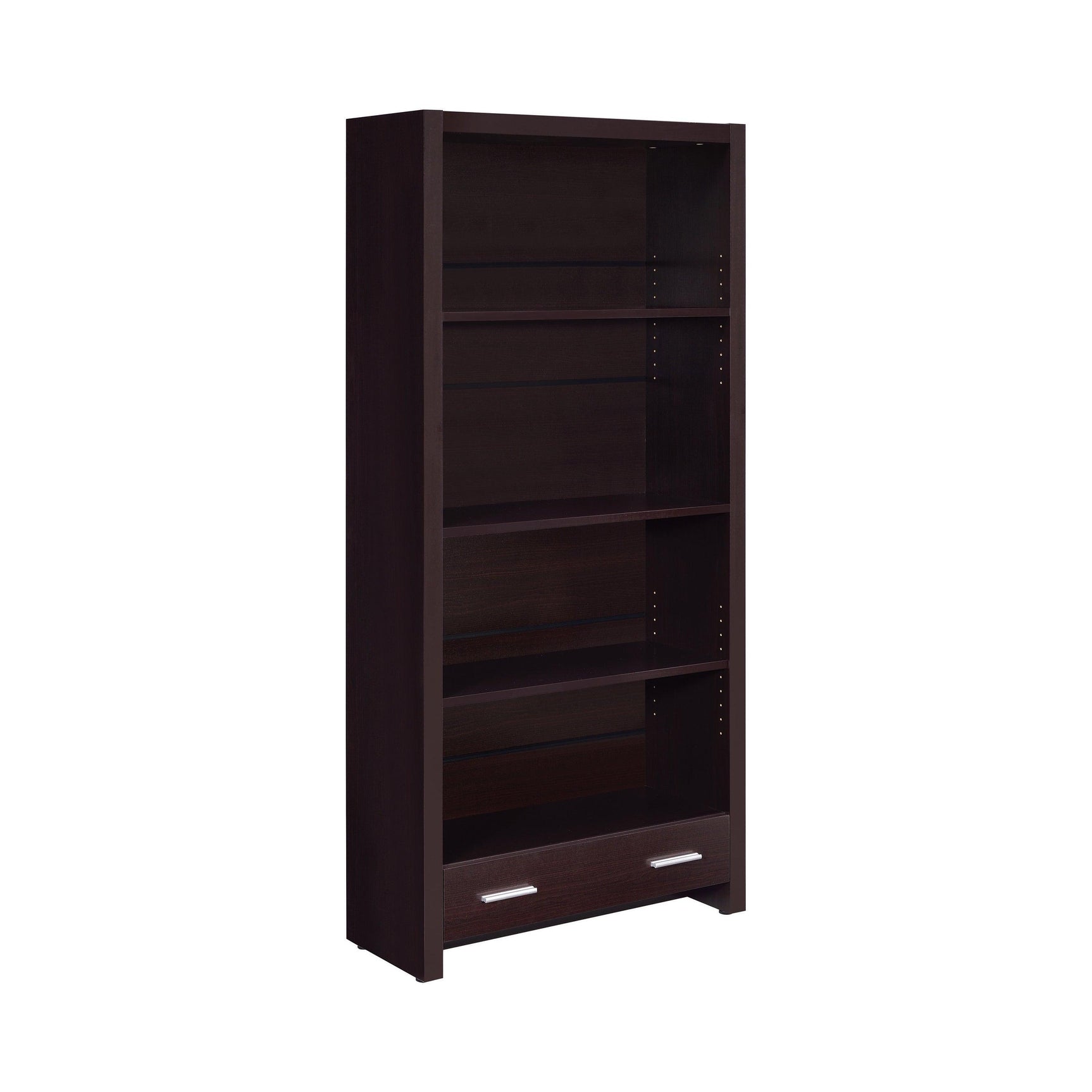 Side view of Skylar 5-shelf cappuccino bookcase